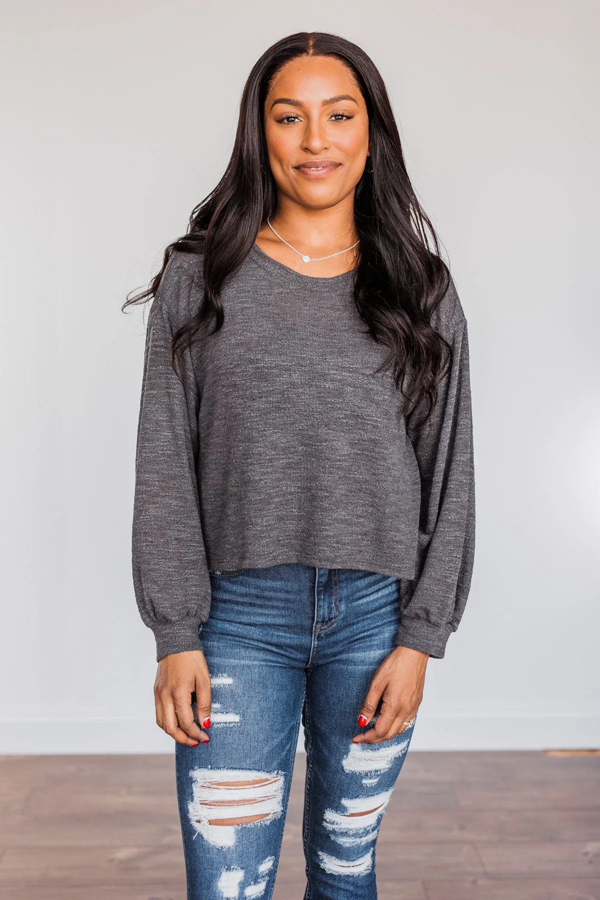 Breaking The Rules High-Low Long Sleeve Top- Charcoal - Image 10