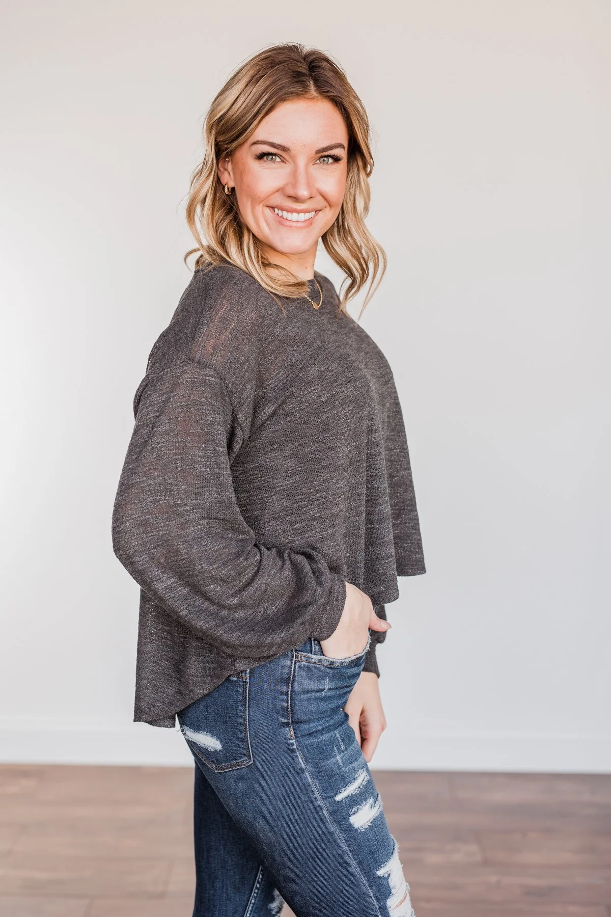 Breaking The Rules High-Low Long Sleeve Top- Charcoal - Image 11
