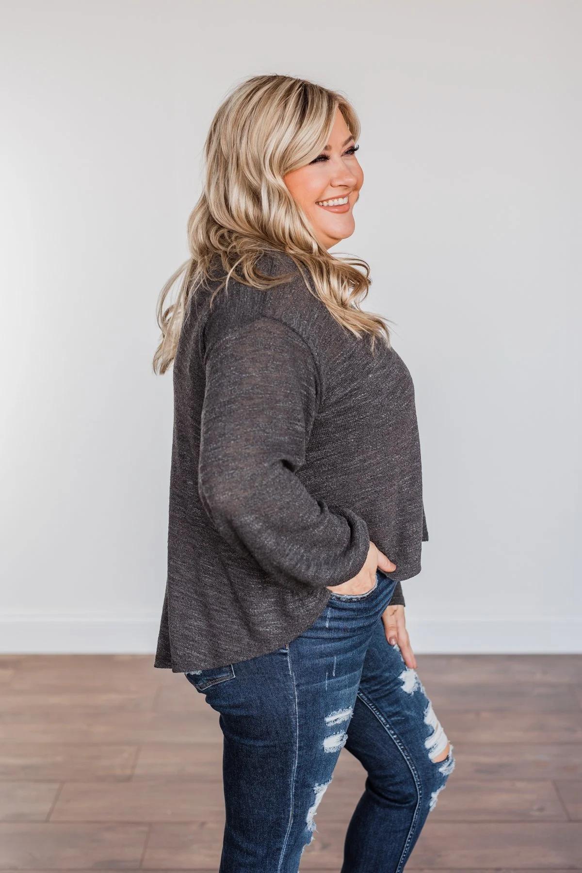 Breaking The Rules High-Low Long Sleeve Top- Charcoal - Image 12