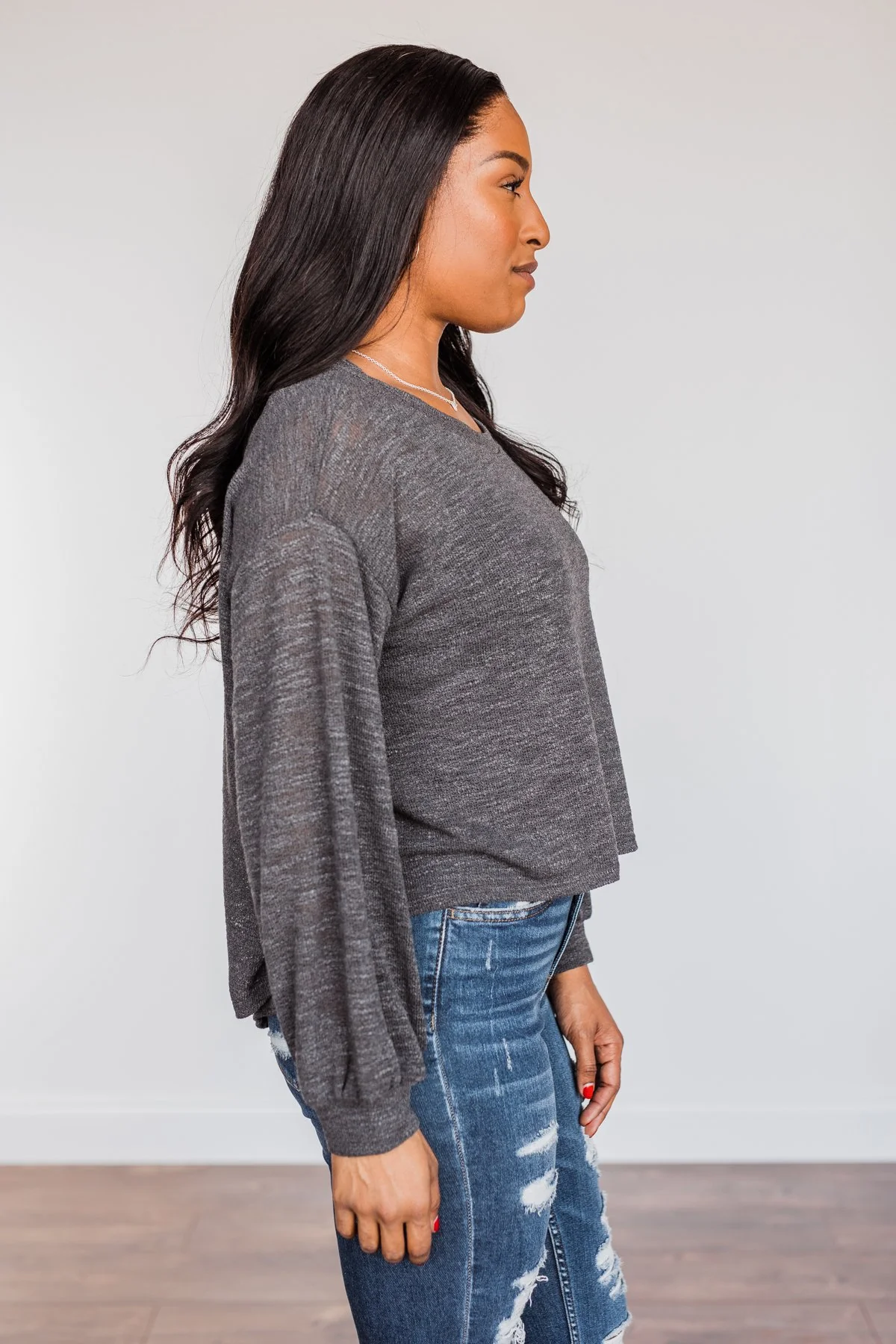 Breaking The Rules High-Low Long Sleeve Top- Charcoal - Image 13