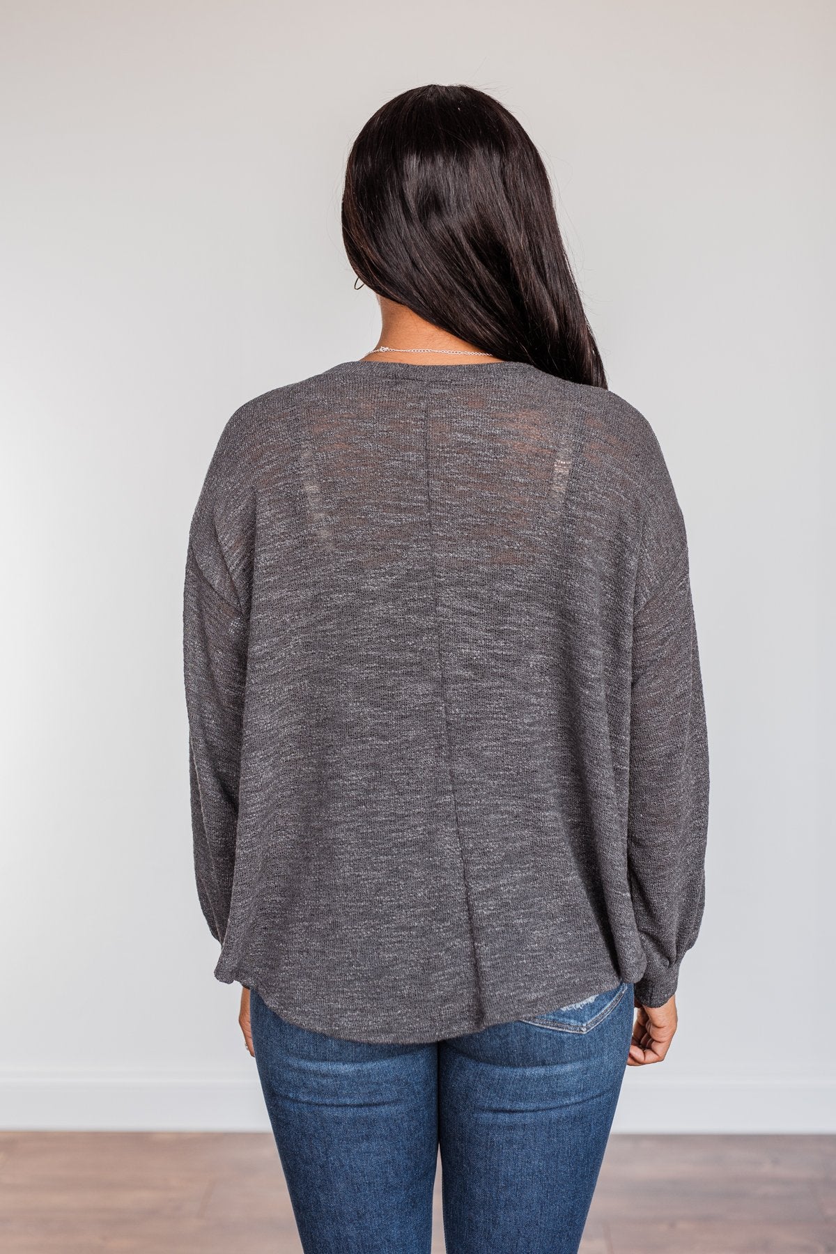 Breaking The Rules High-Low Long Sleeve Top- Charcoal - Image 15