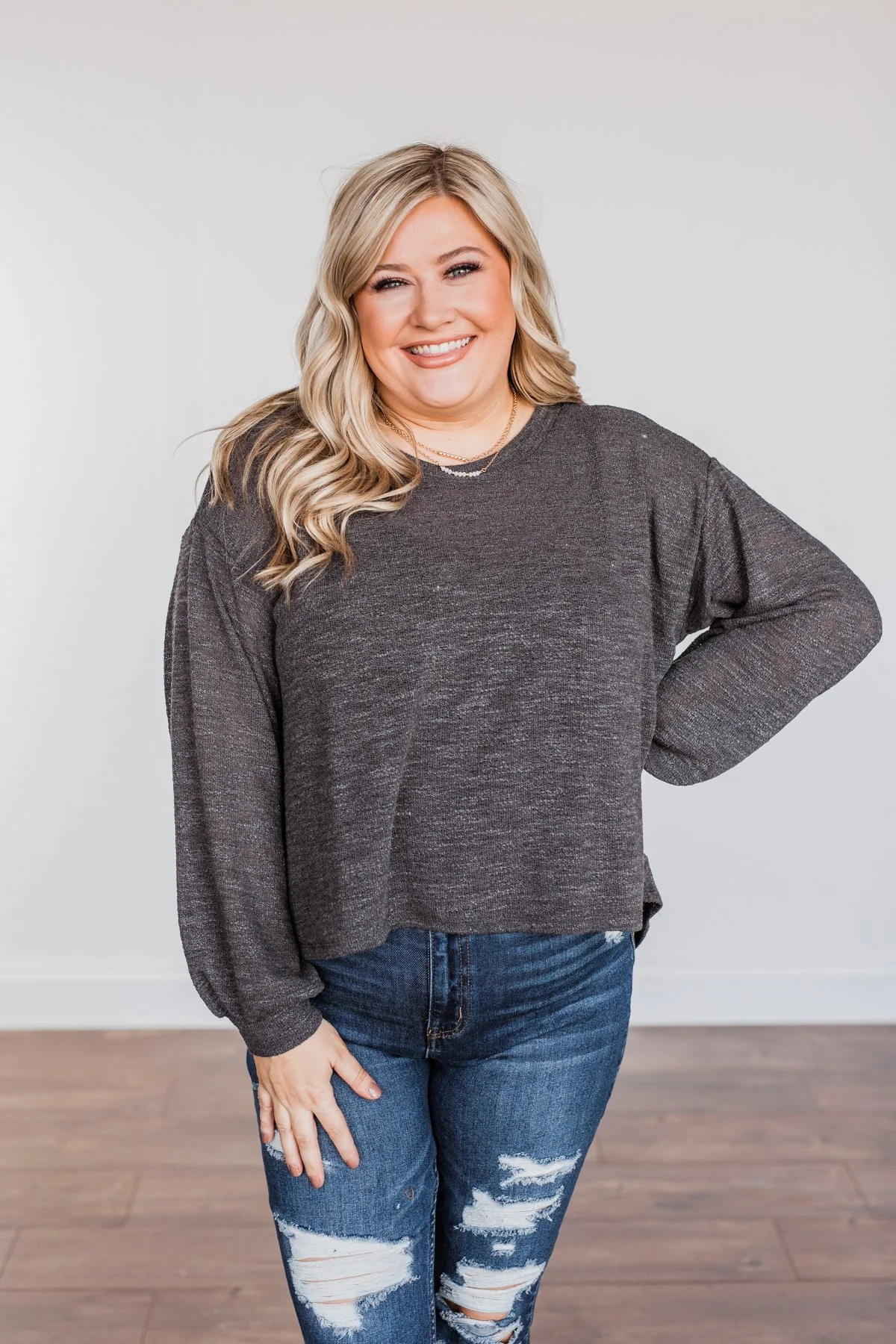 Breaking The Rules High-Low Long Sleeve Top- Charcoal - Image 6