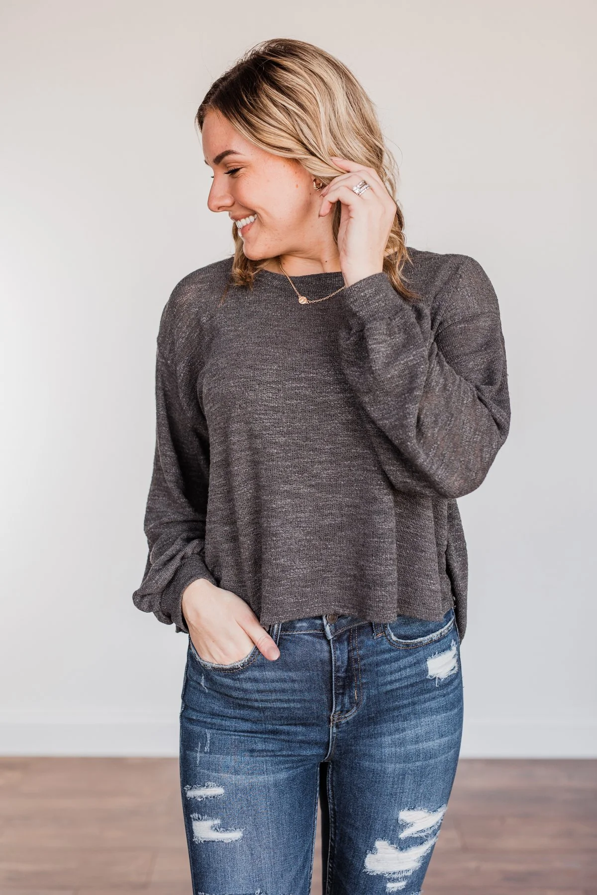 Breaking The Rules High-Low Long Sleeve Top- Charcoal - Image 8
