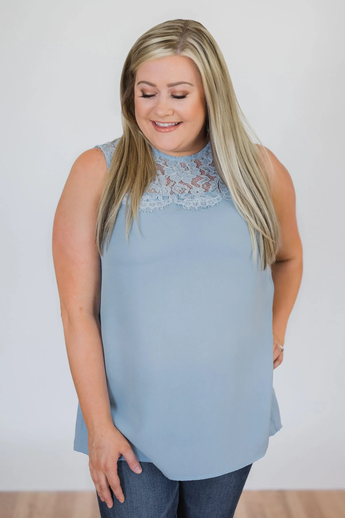 Breathtaking in Lace Tank Top- Baby Blue - Image 2