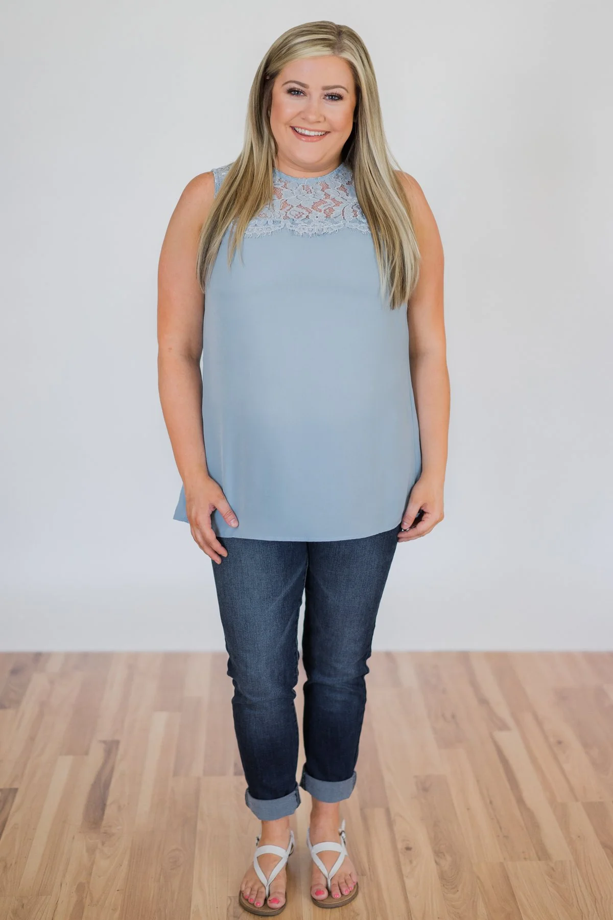 Breathtaking in Lace Tank Top- Baby Blue - Image 4