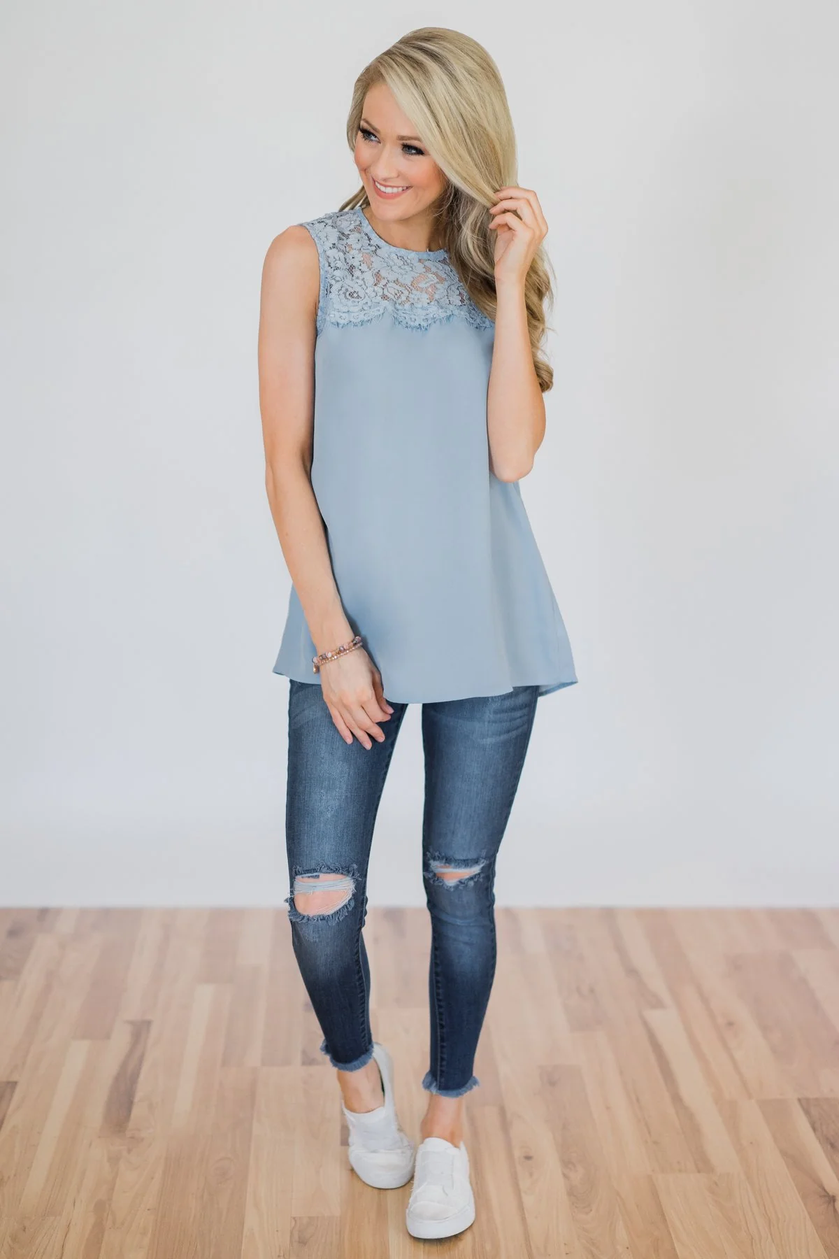 Breathtaking in Lace Tank Top- Baby Blue - Image 6