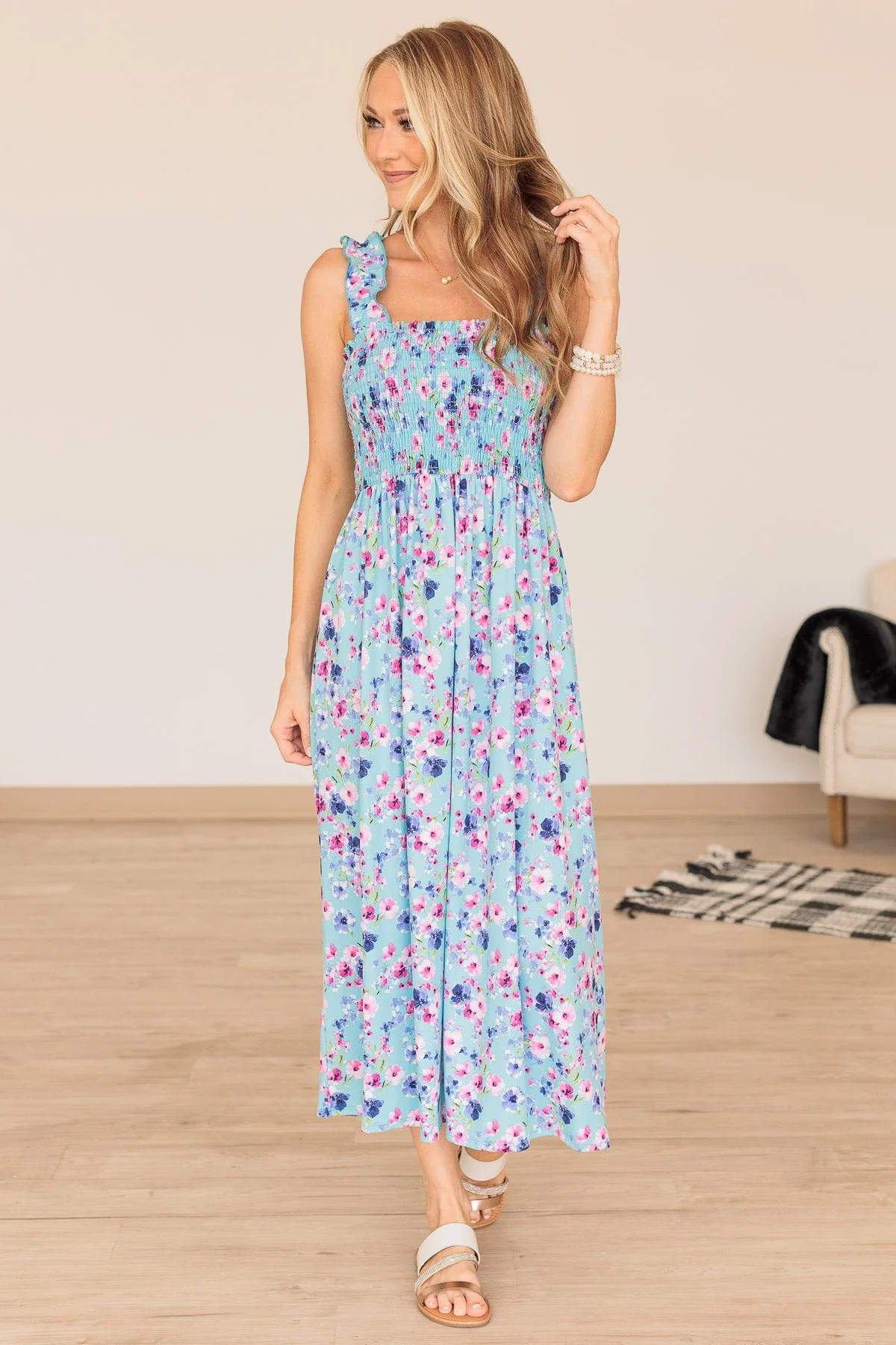 Bright Skies Floral Smocked Dress- Sky Blue - Image 2