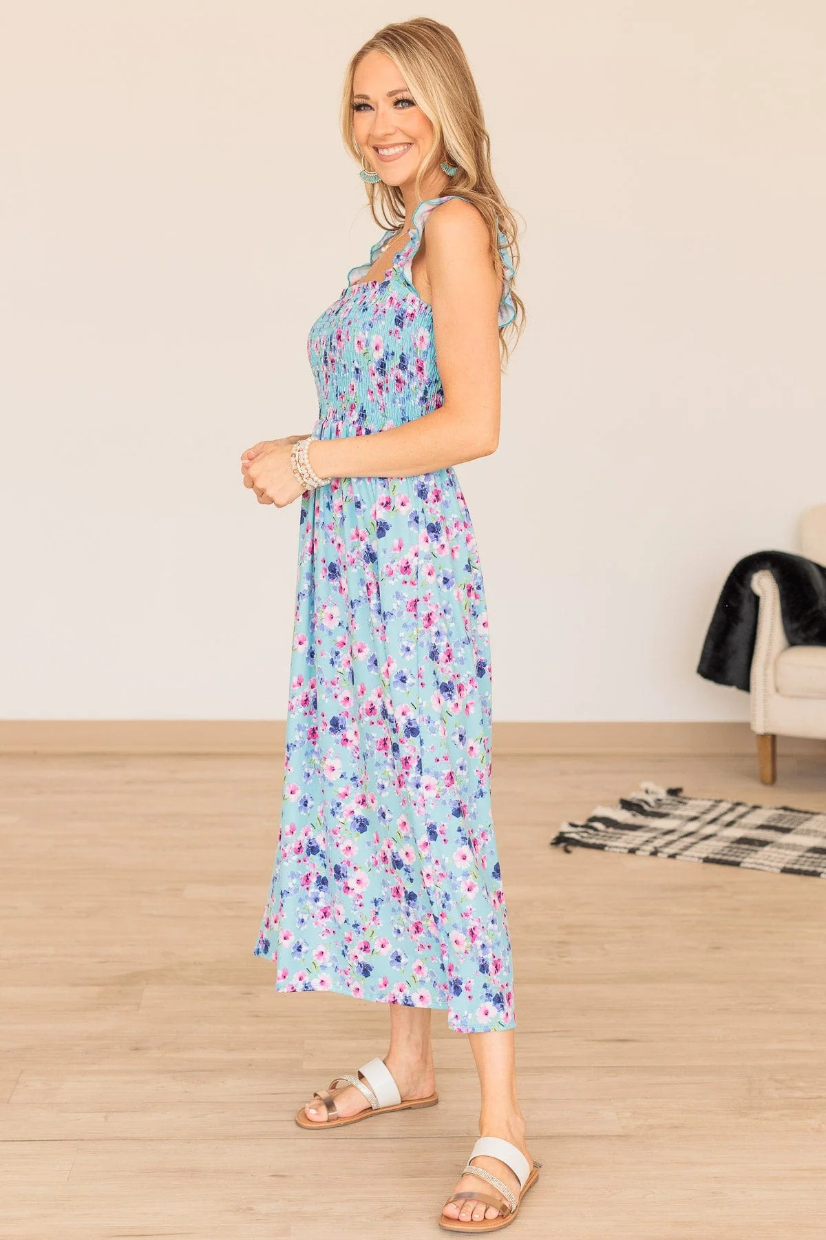 Bright Skies Floral Smocked Dress- Sky Blue - Image 6