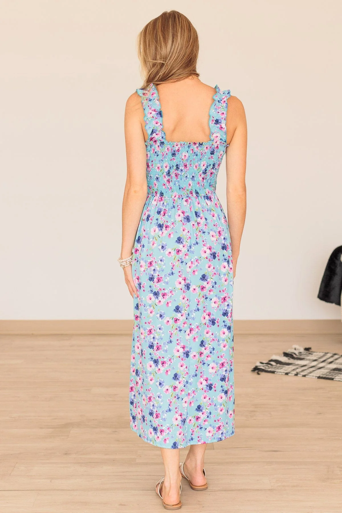 Bright Skies Floral Smocked Dress- Sky Blue - Image 8