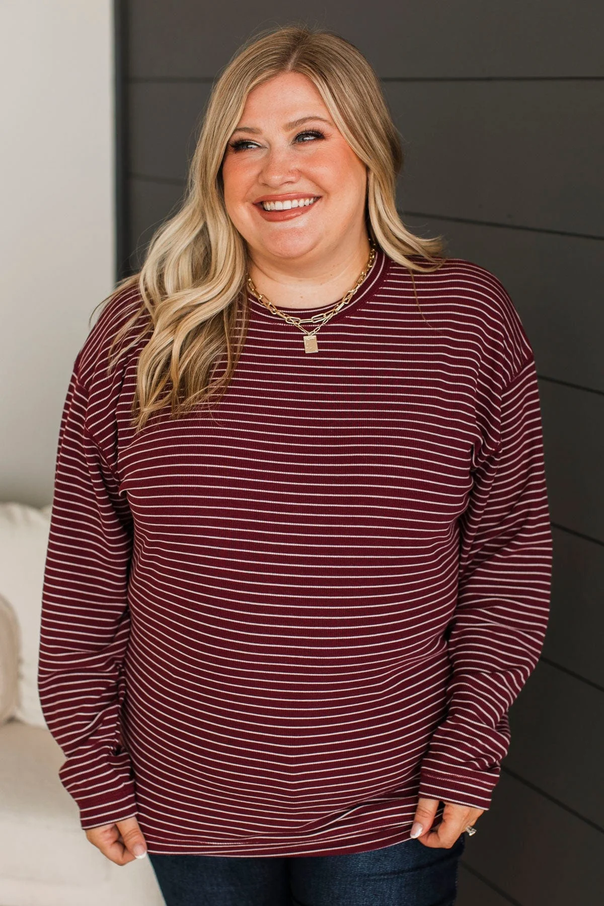 Brighten My Day Striped Pullover Top- Burgundy - Image 3