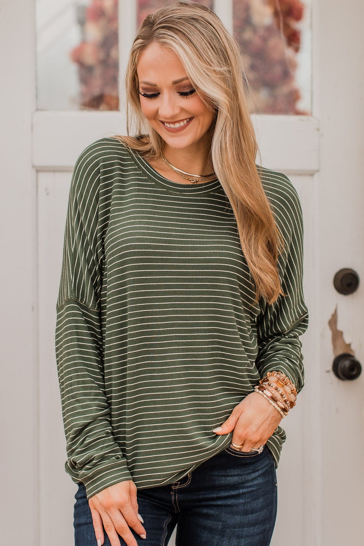 Brighten My Day Striped Pullover Top- Forest Green