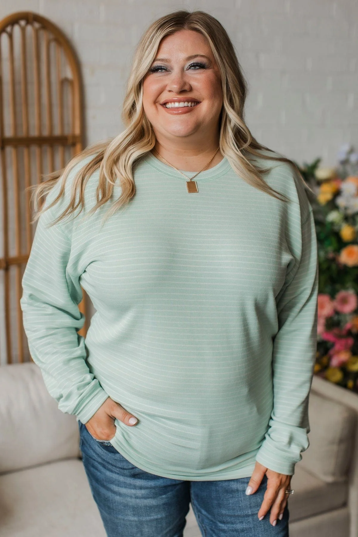 Brighten My Day Striped Pullover Top- Light Mint - Image 4
