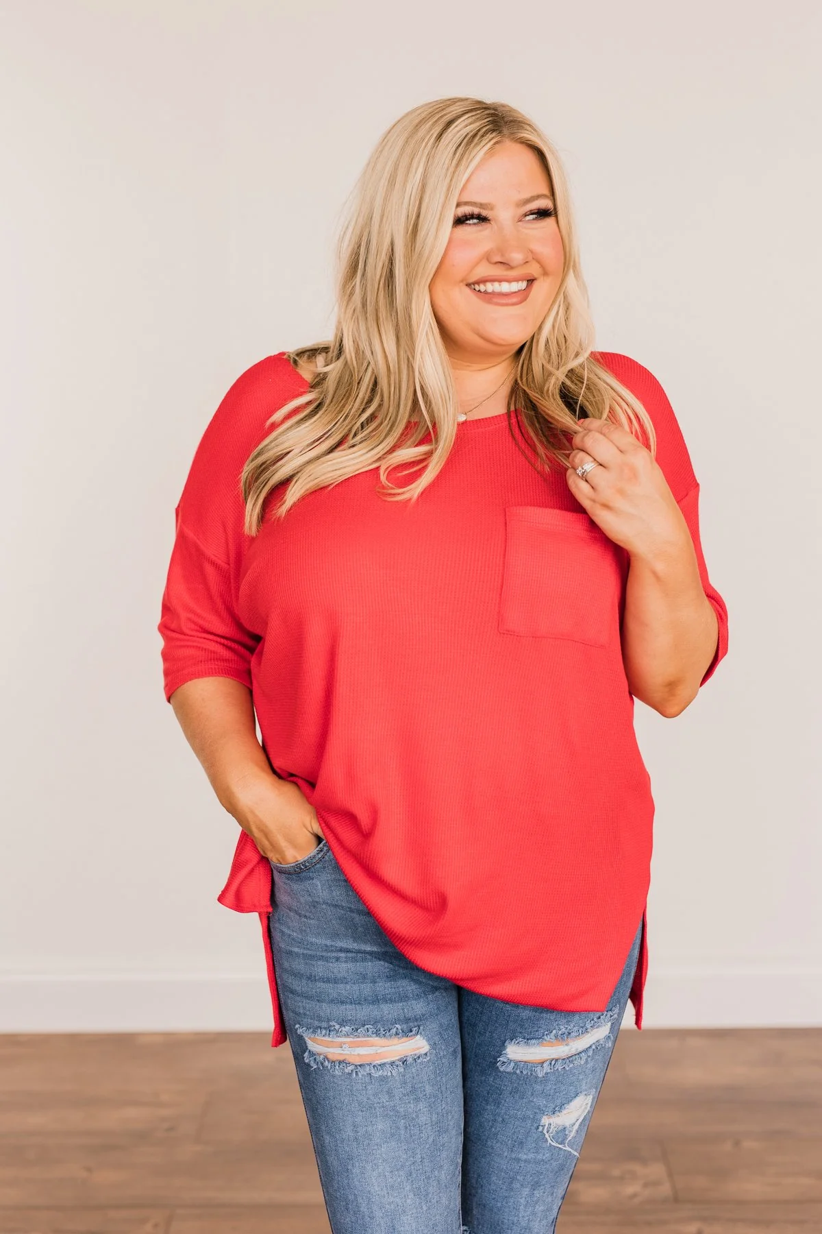 Brilliant Smiles Thermal Knit Pocket Top- Red - Image 3
