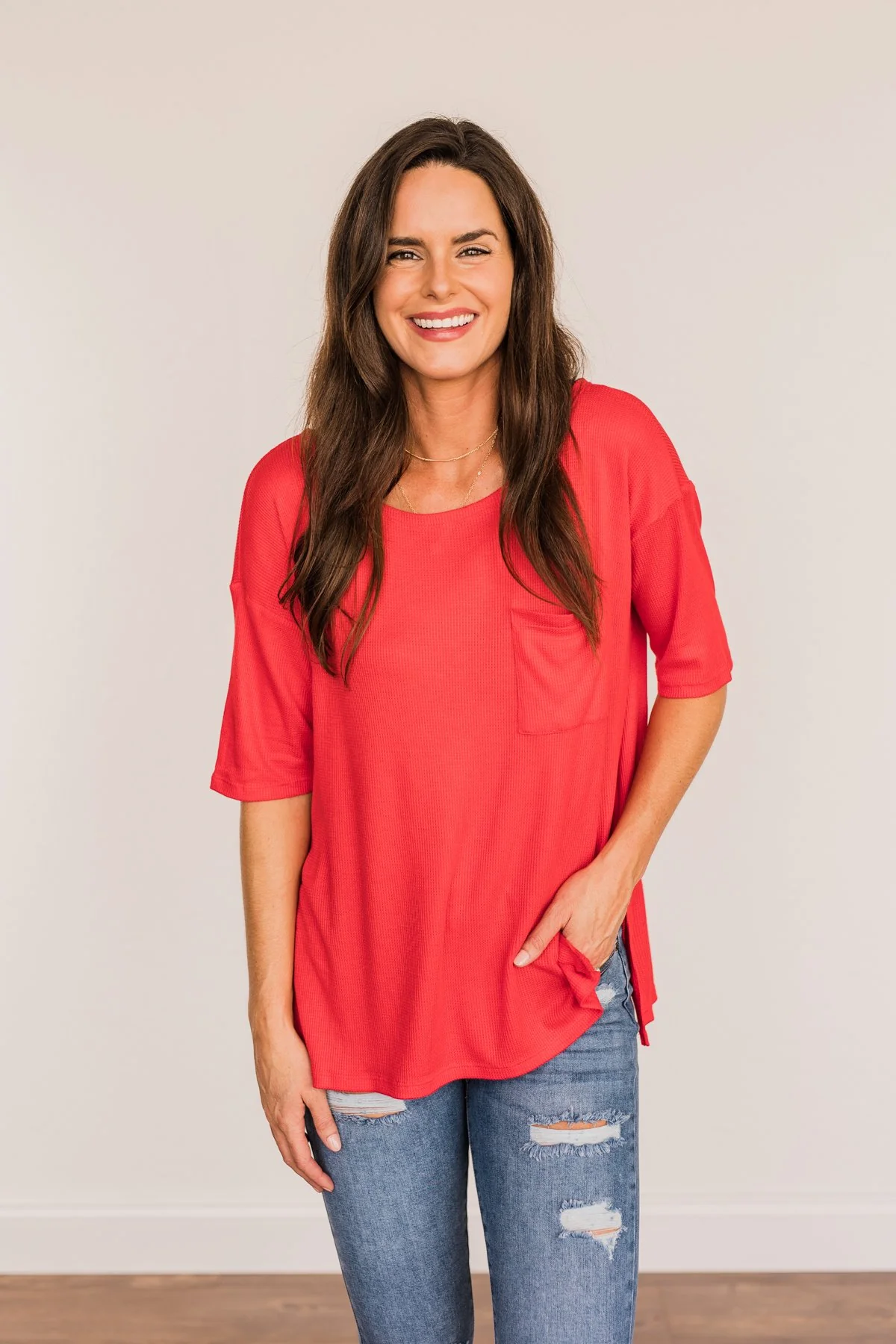 Brilliant Smiles Thermal Knit Pocket Top- Red - Image 4