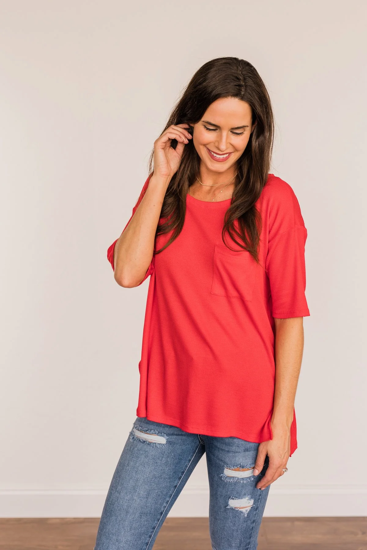 Brilliant Smiles Thermal Knit Pocket Top- Red - Image 6