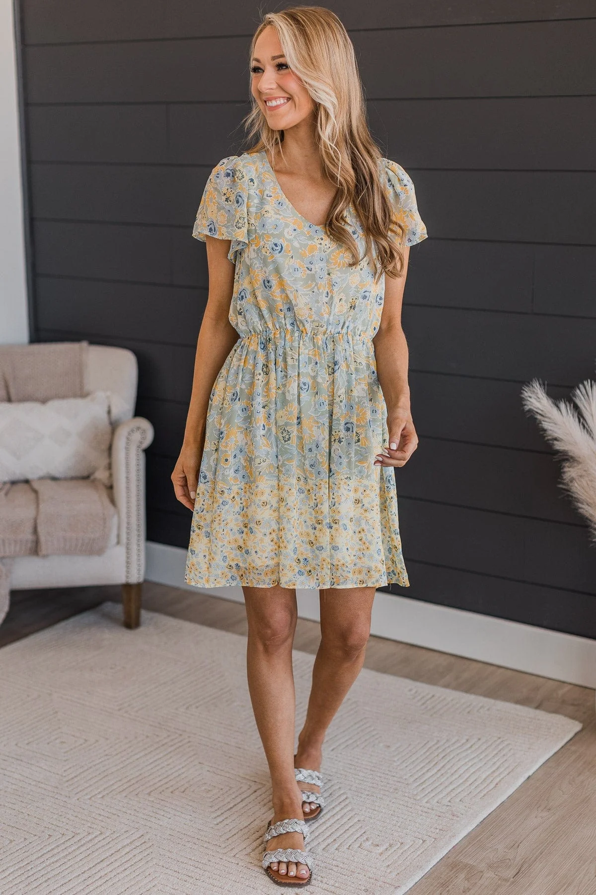 Bring On The Blooms Floral Dress- Sage - Image 4