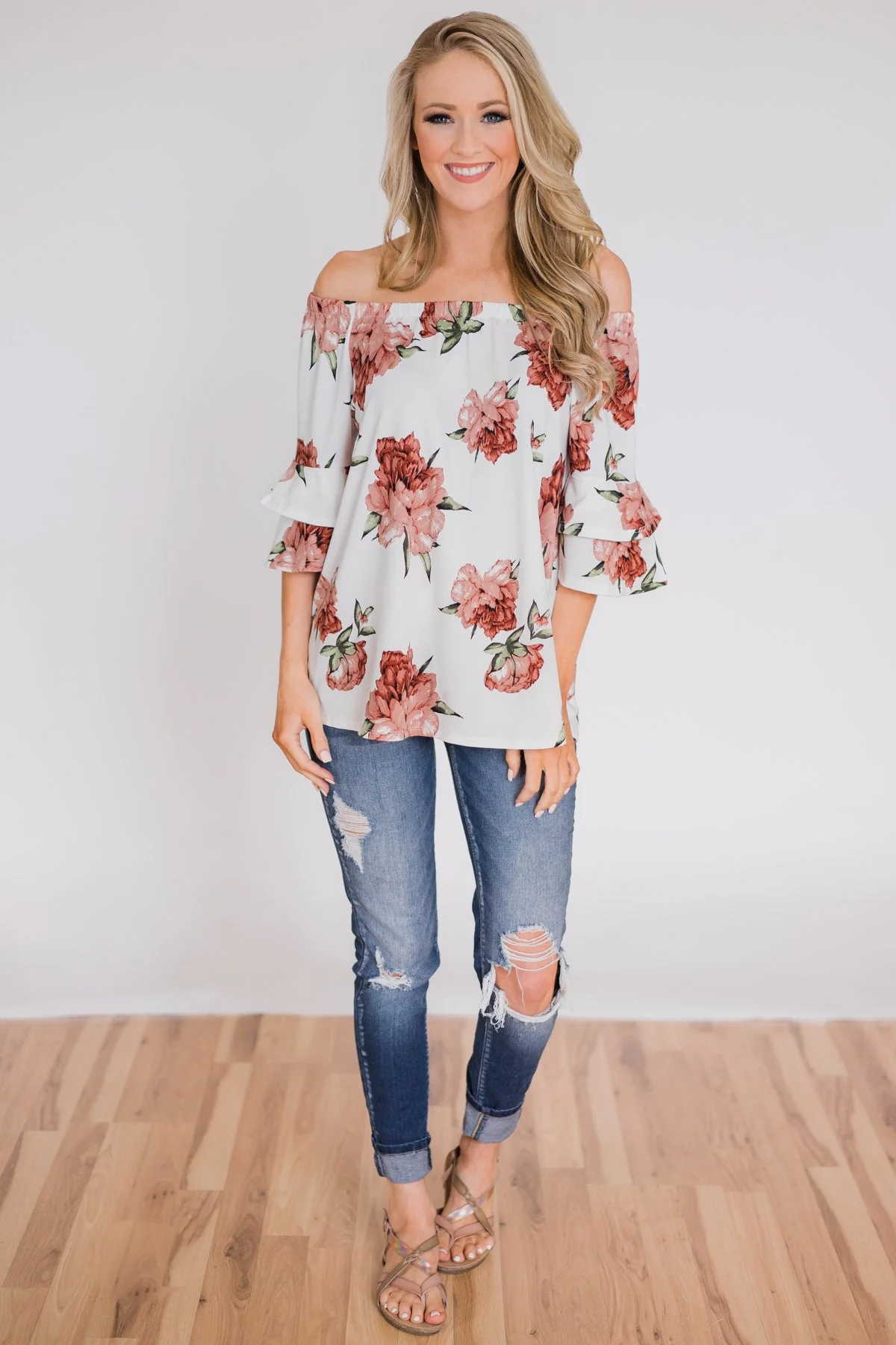 Bring on the Floral Off the Shoulder Top- Ivory - Image 5