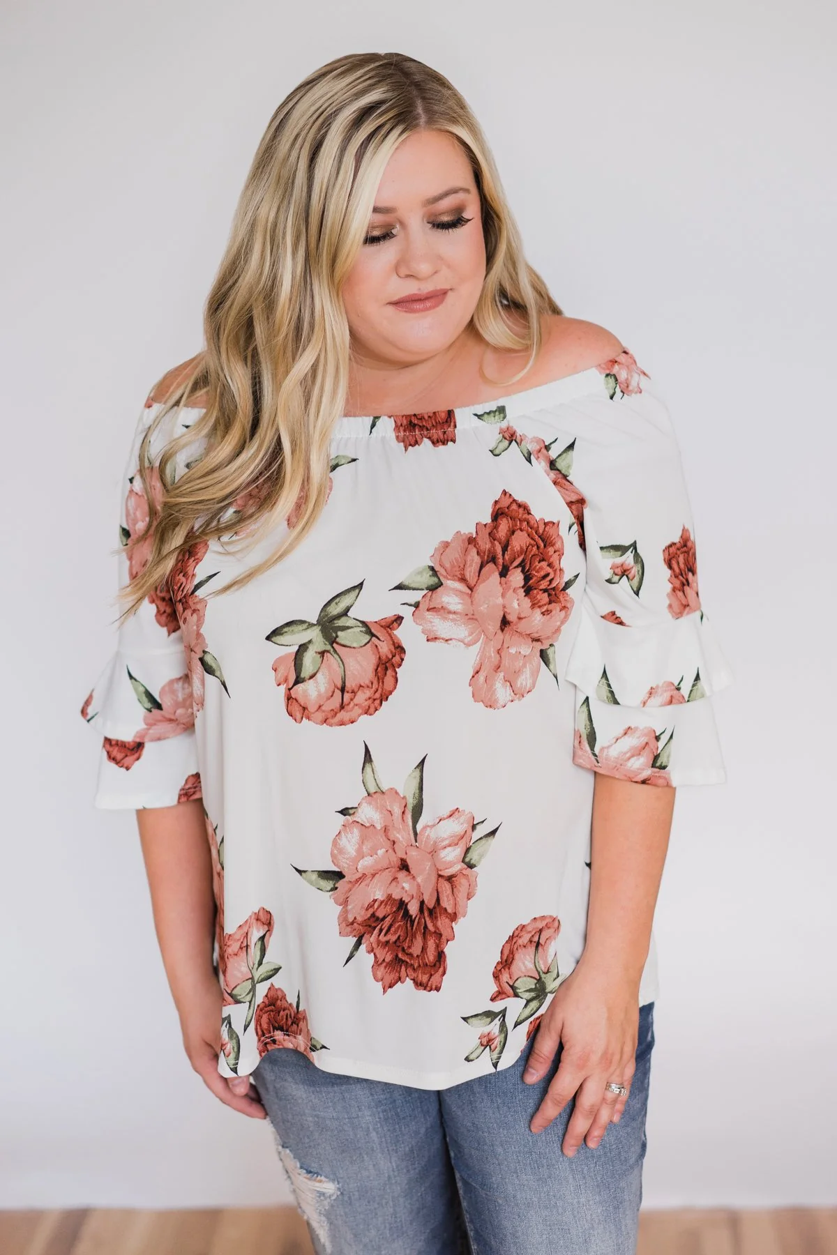 Bring on the Floral Off the Shoulder Top- Ivory - Image 6