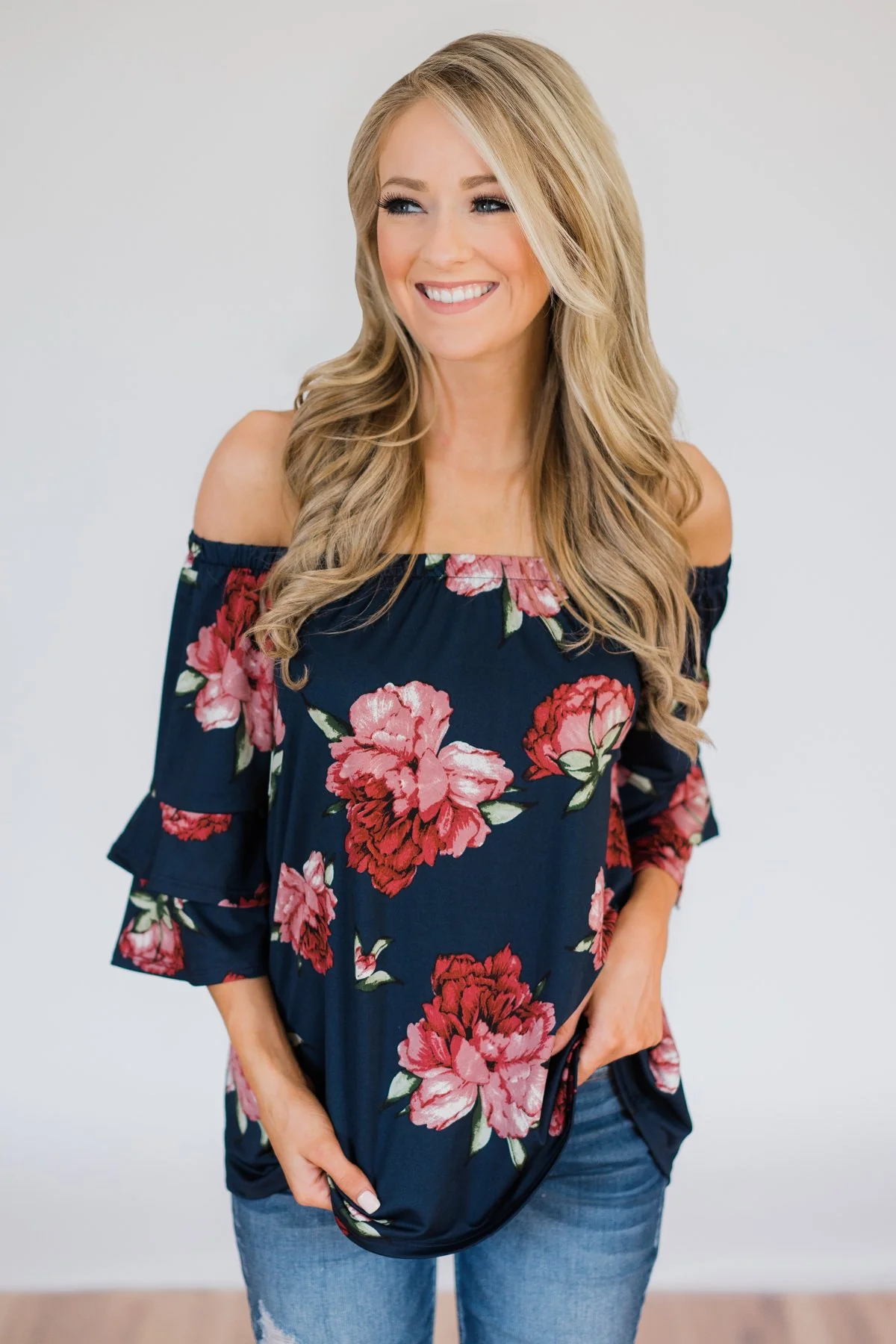 Bring on the Floral Off the Shoulder Top- Navy - Image 5