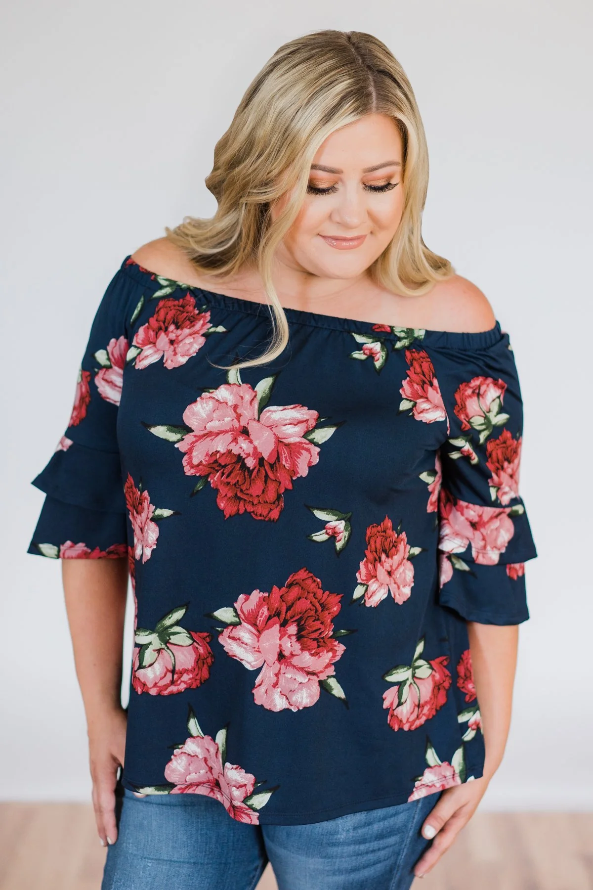 Bring on the Floral Off the Shoulder Top- Navy - Image 6