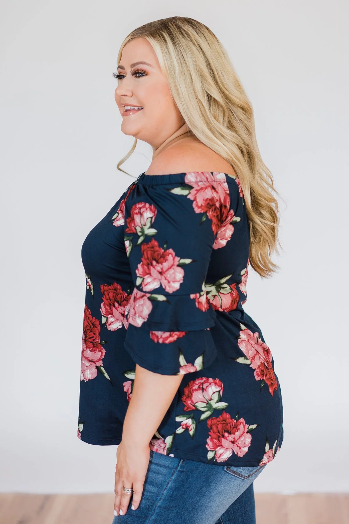Bring on the Floral Off the Shoulder Top- Navy - Image 9