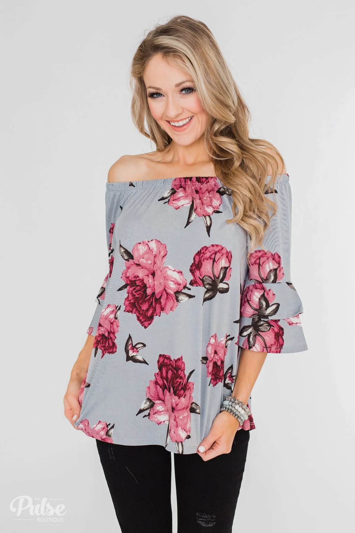 Bring on the Floral Off the Shoulder Top- Powder Blue - Image 6