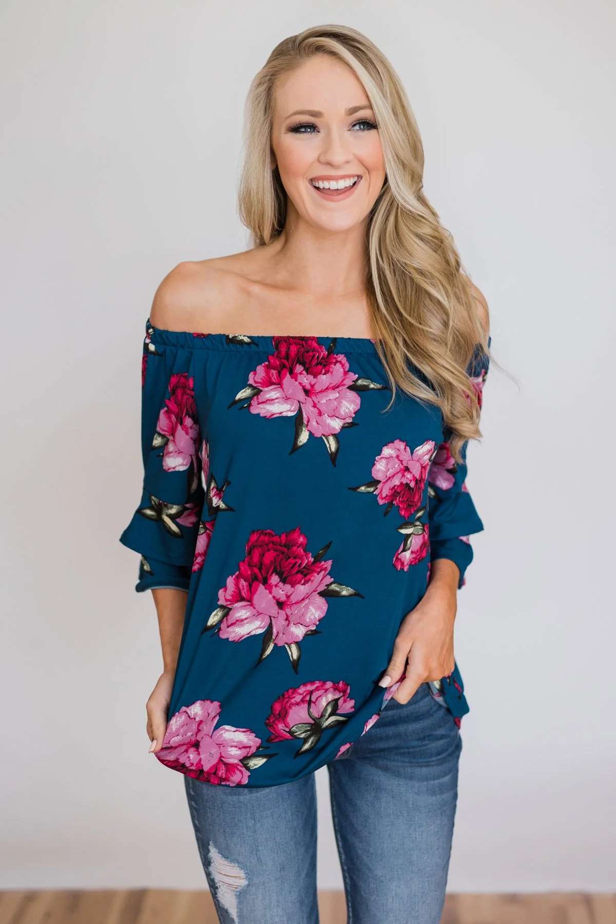 Bring on the Floral Off the Shoulder Top- Royal Blue - Image 3