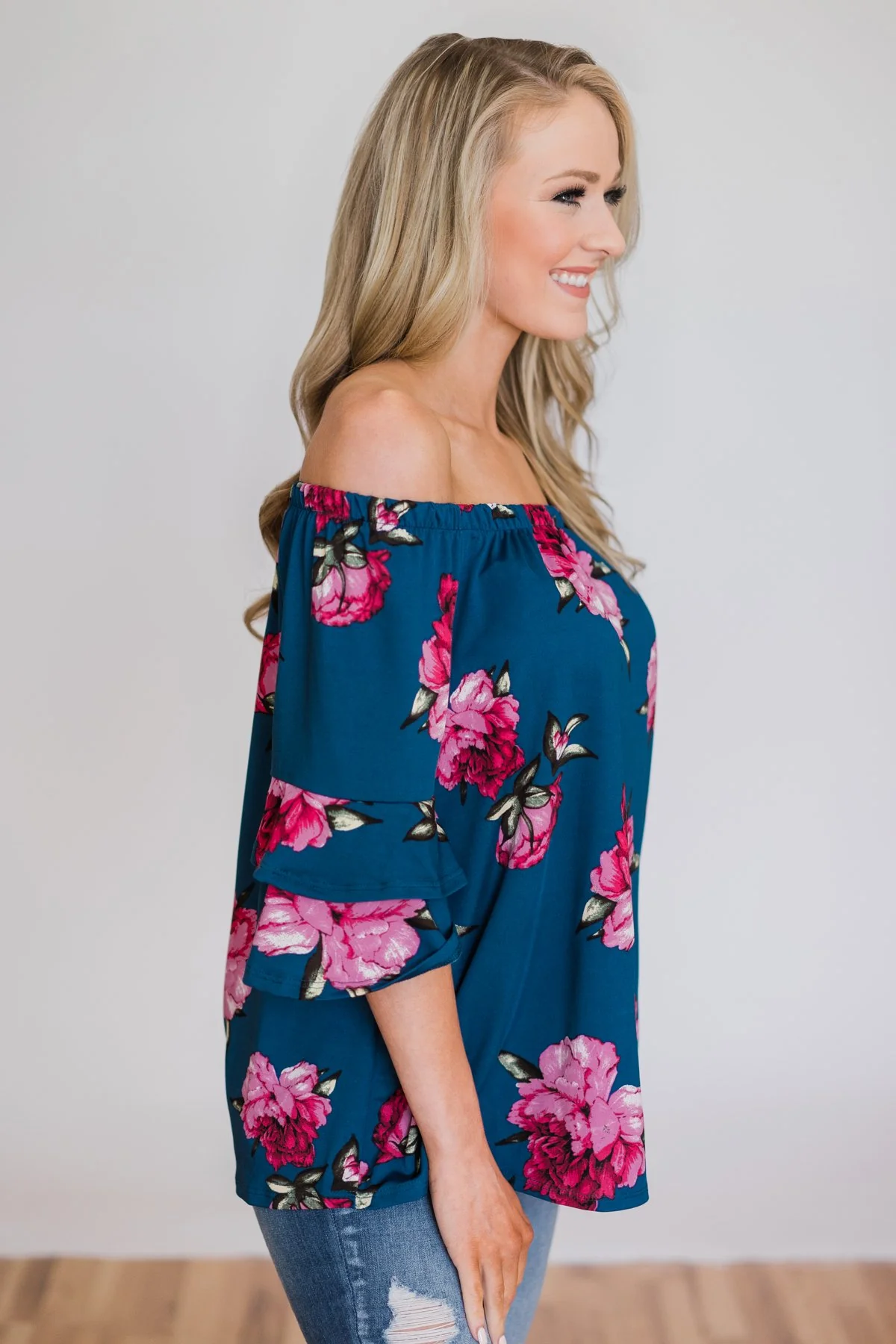 Bring on the Floral Off the Shoulder Top- Royal Blue - Image 4