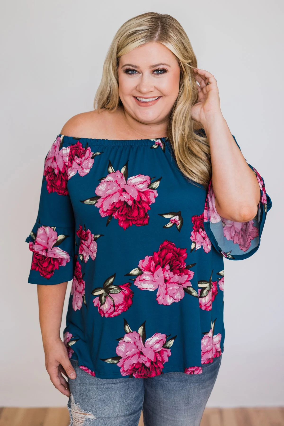Bring on the Floral Off the Shoulder Top- Royal Blue - Image 6