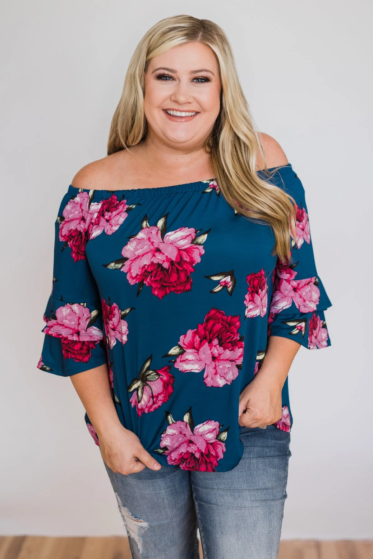 Bring on the Floral Off the Shoulder Top- Royal Blue - Image 8