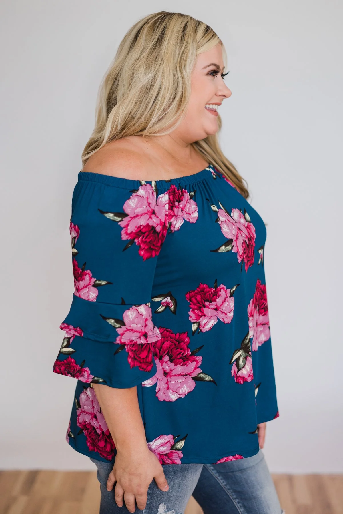Bring on the Floral Off the Shoulder Top- Royal Blue - Image 9