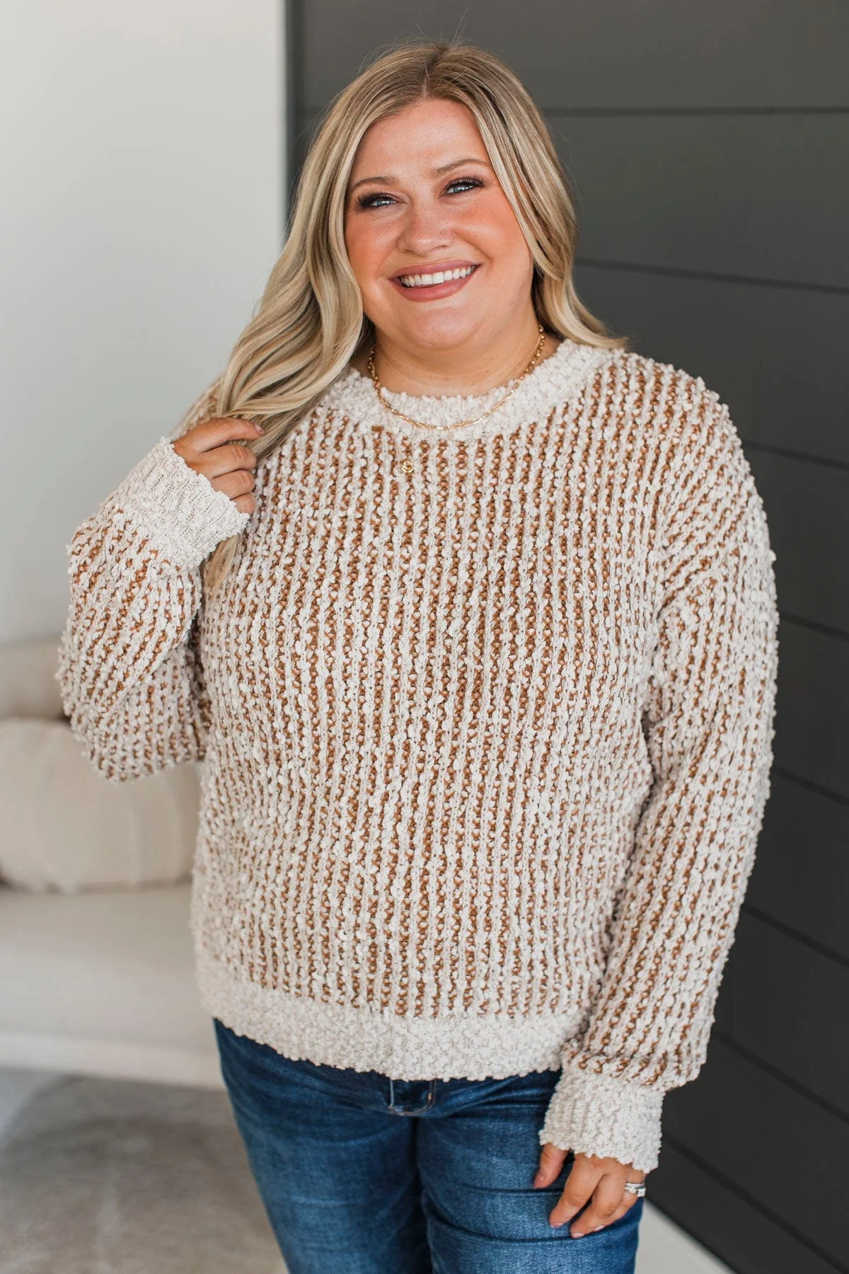 Brings Me Peace Popcorn Knit Sweater- Ivory & Golden - Image 3