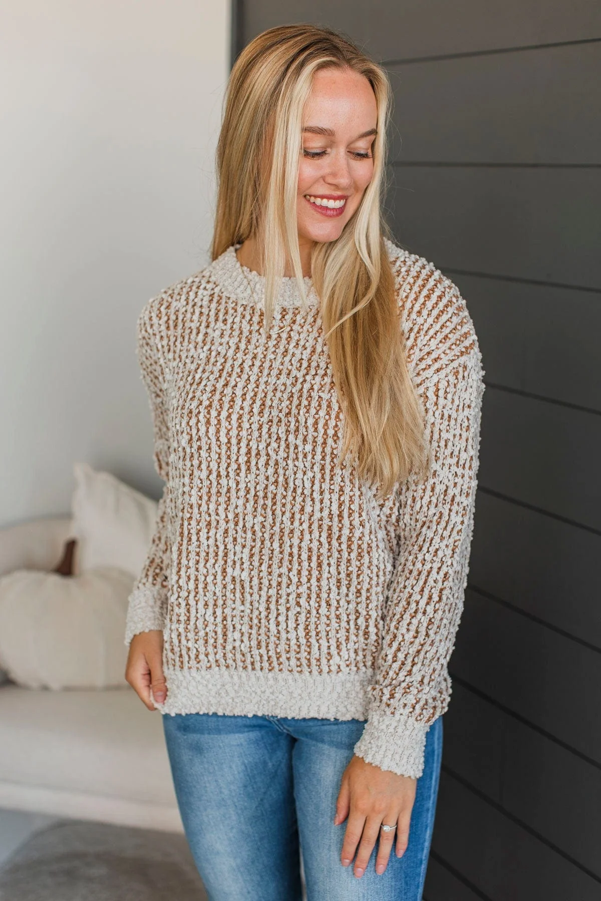 Brings Me Peace Popcorn Knit Sweater- Ivory & Golden - Image 4