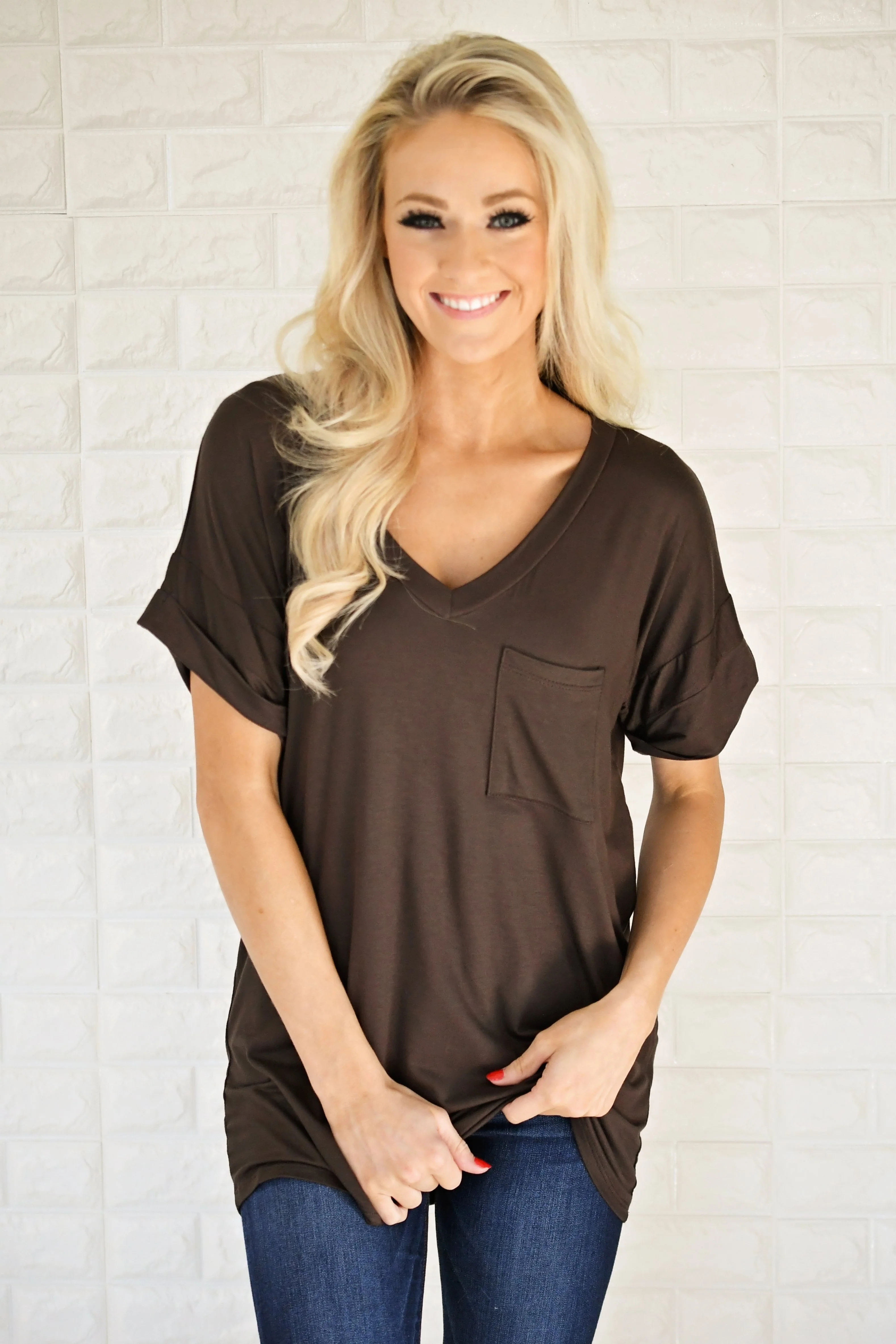 Brown V-Neck Pocket Tee - Image 2