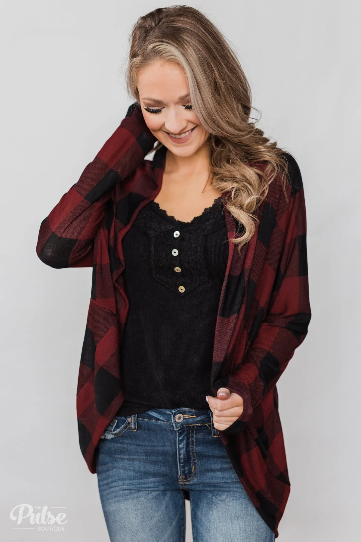 Buffalo Plaid Cardigan- Deep Red & Black - Image 10