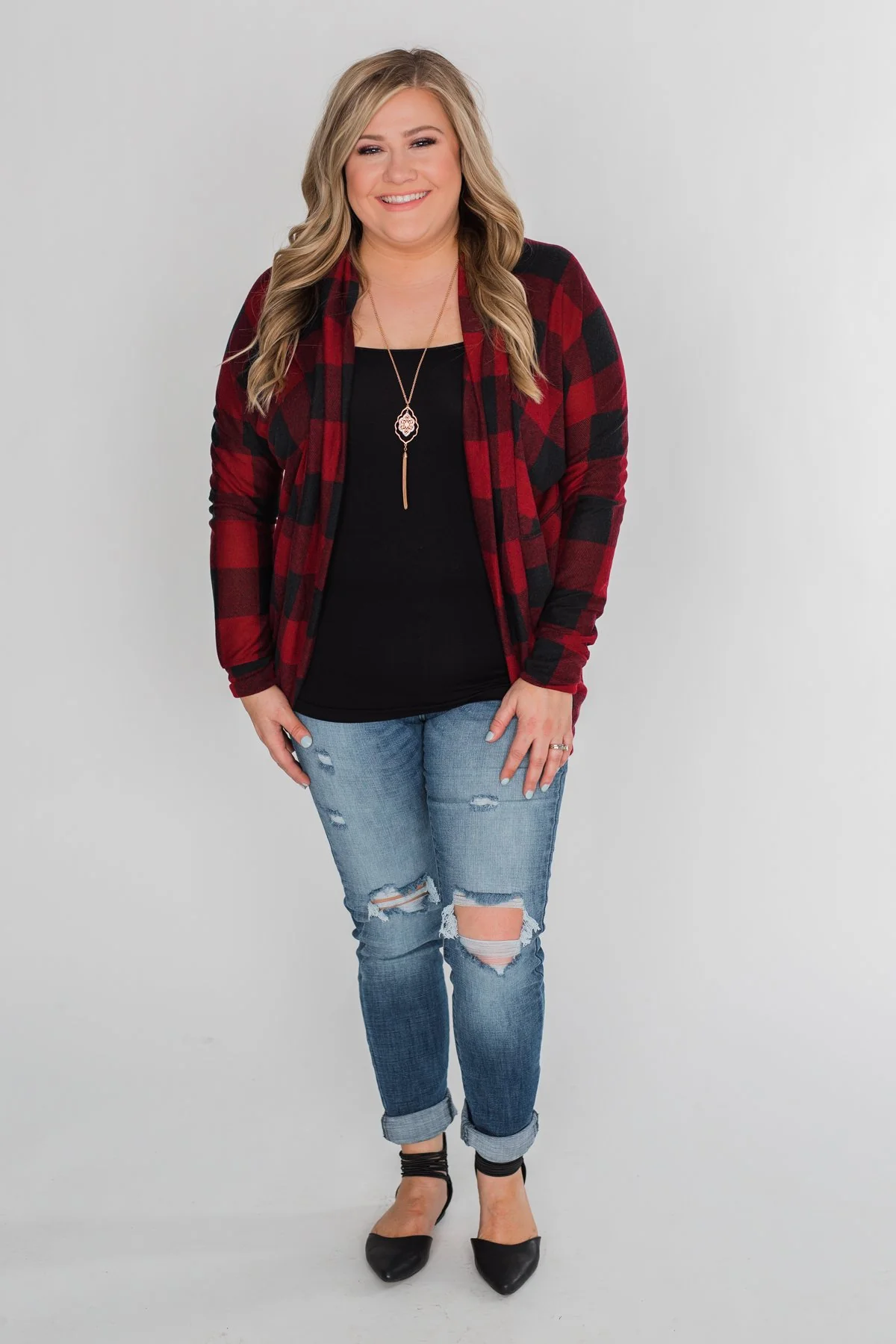 Buffalo Plaid Cardigan- Deep Red & Black - Image 11