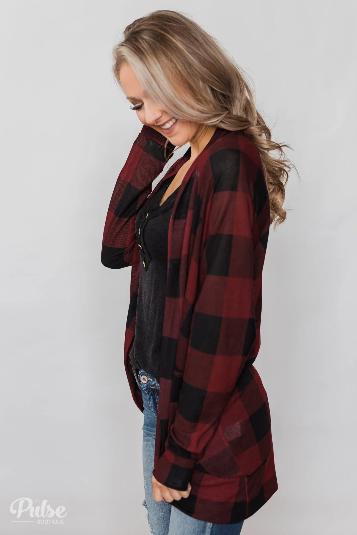 Buffalo Plaid Cardigan- Deep Red & Black - Image 13