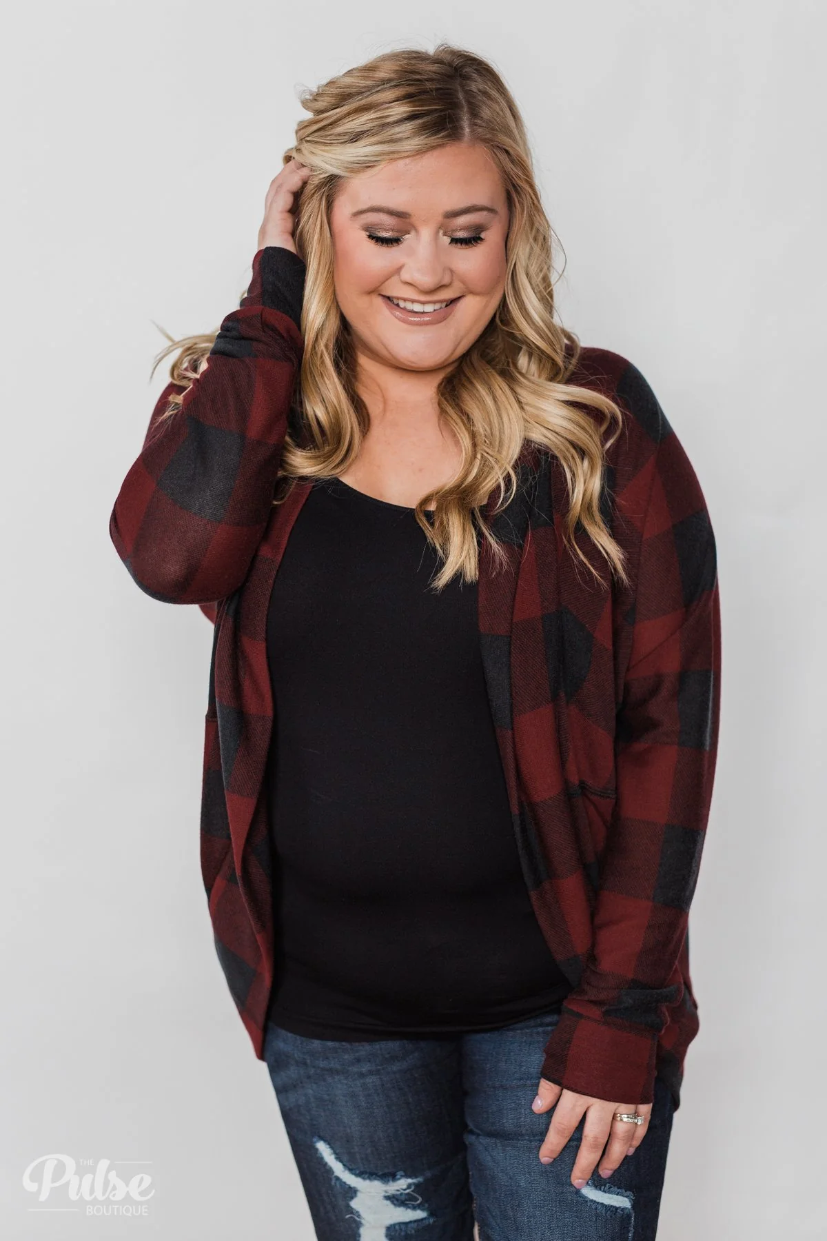 Buffalo Plaid Cardigan- Deep Red & Black - Image 19