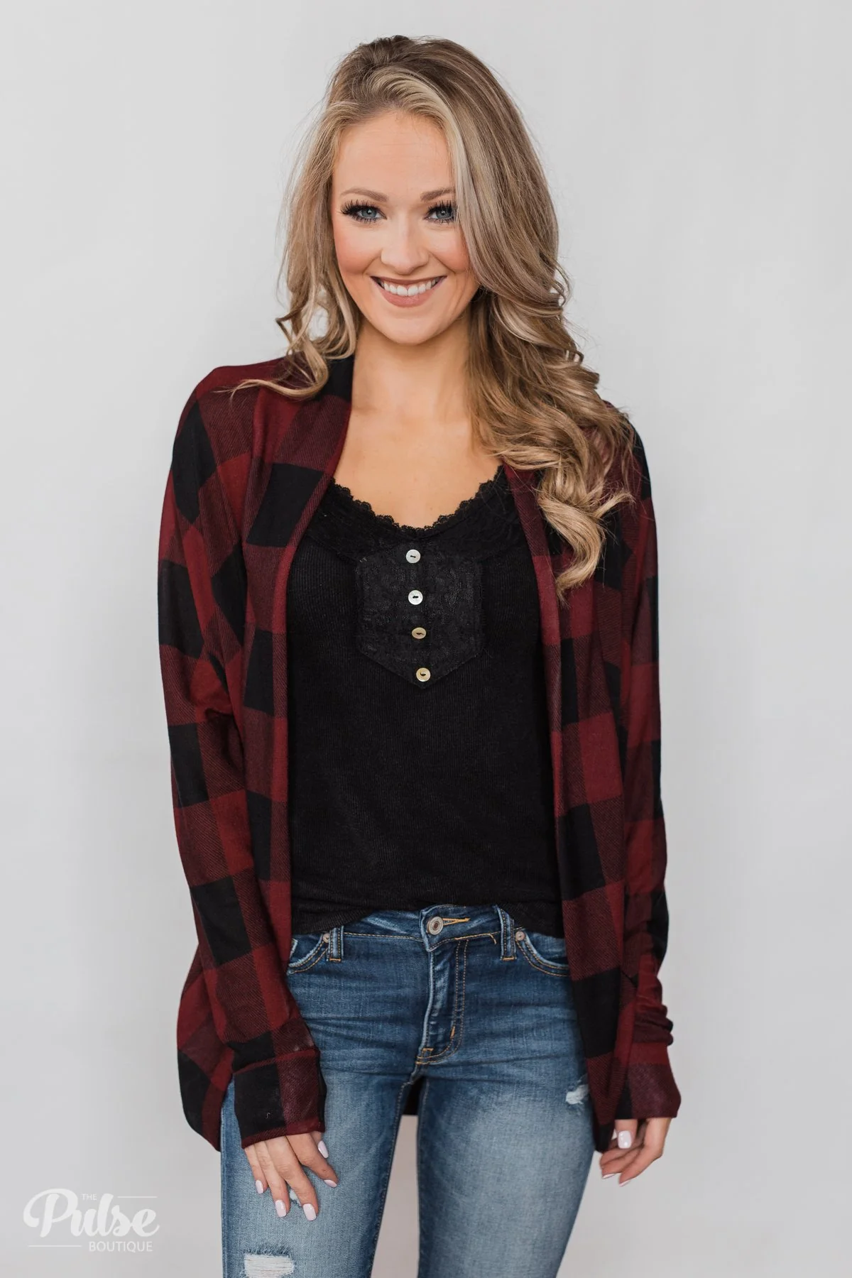 Buffalo Plaid Cardigan- Deep Red & Black - Image 2