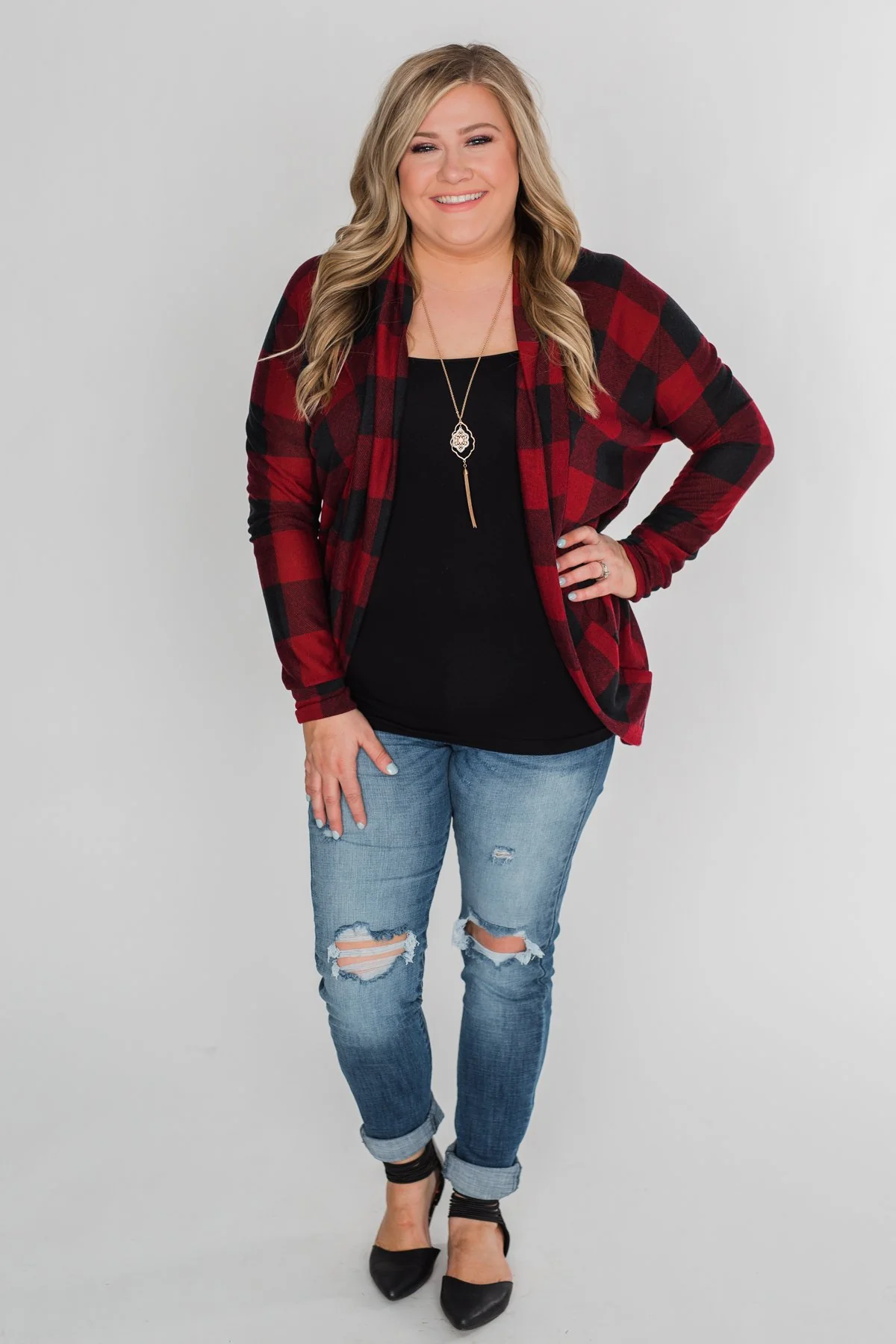 Buffalo Plaid Cardigan- Deep Red & Black - Image 24
