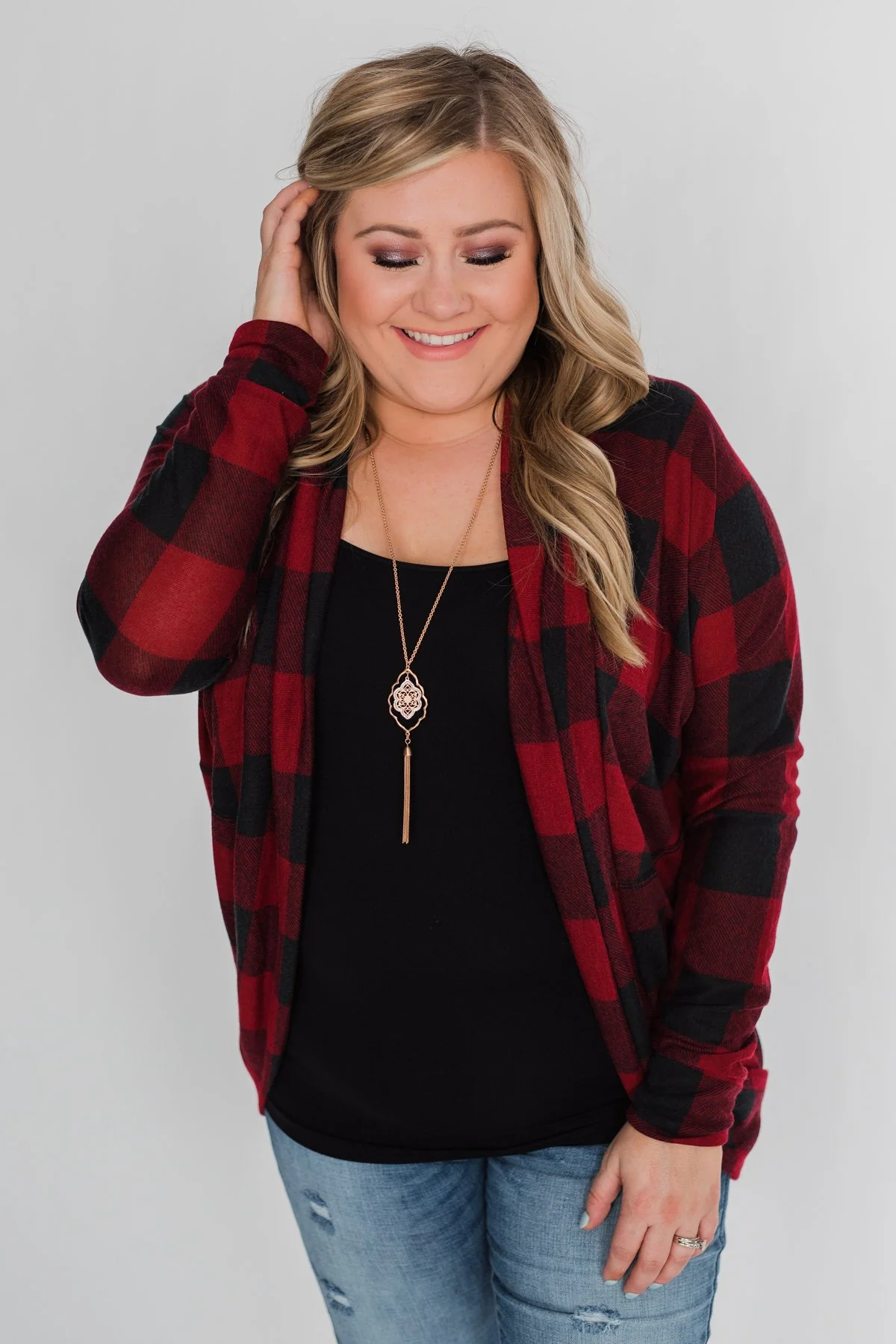 Buffalo Plaid Cardigan- Deep Red & Black - Image 5