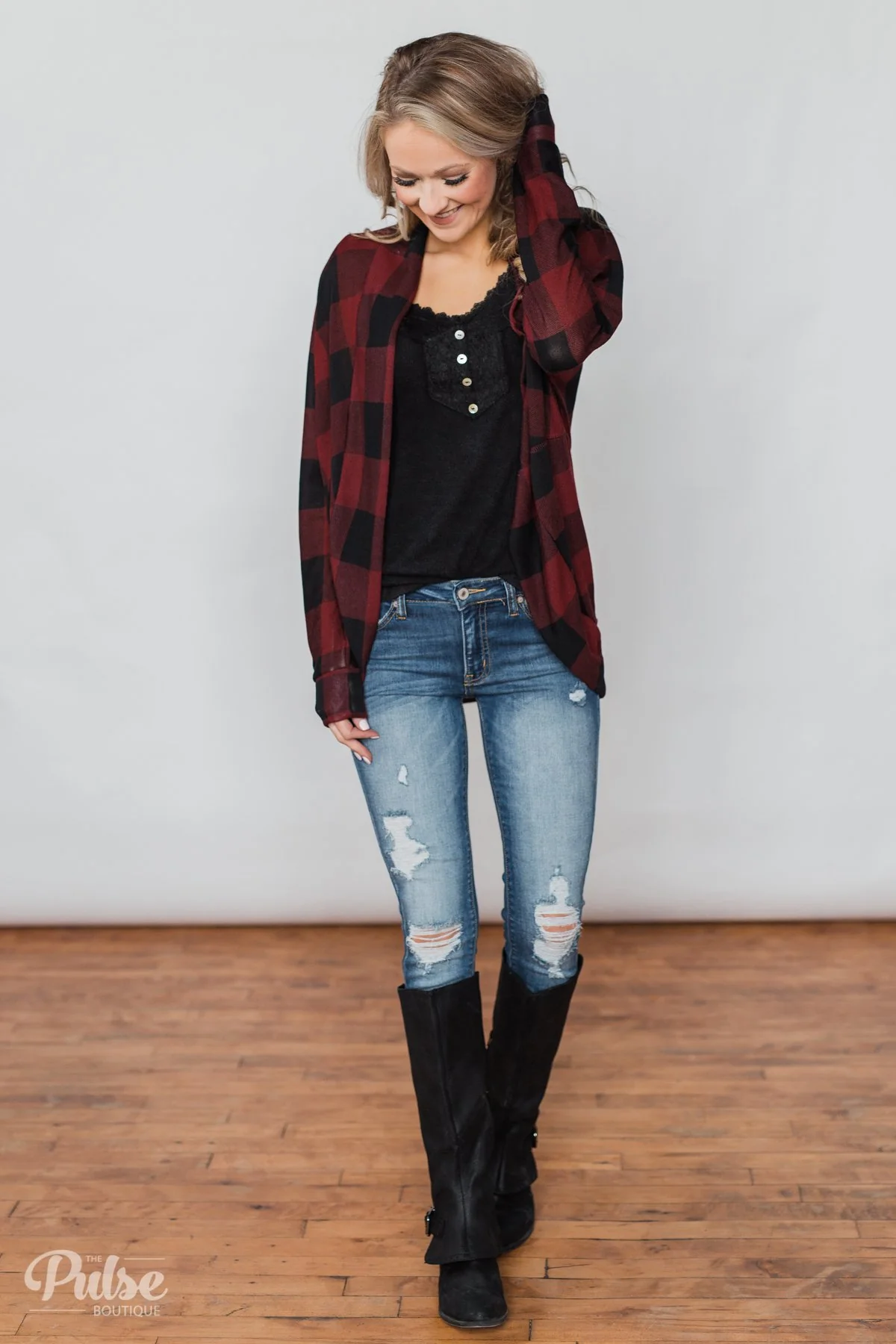 Buffalo Plaid Cardigan- Deep Red & Black - Image 6