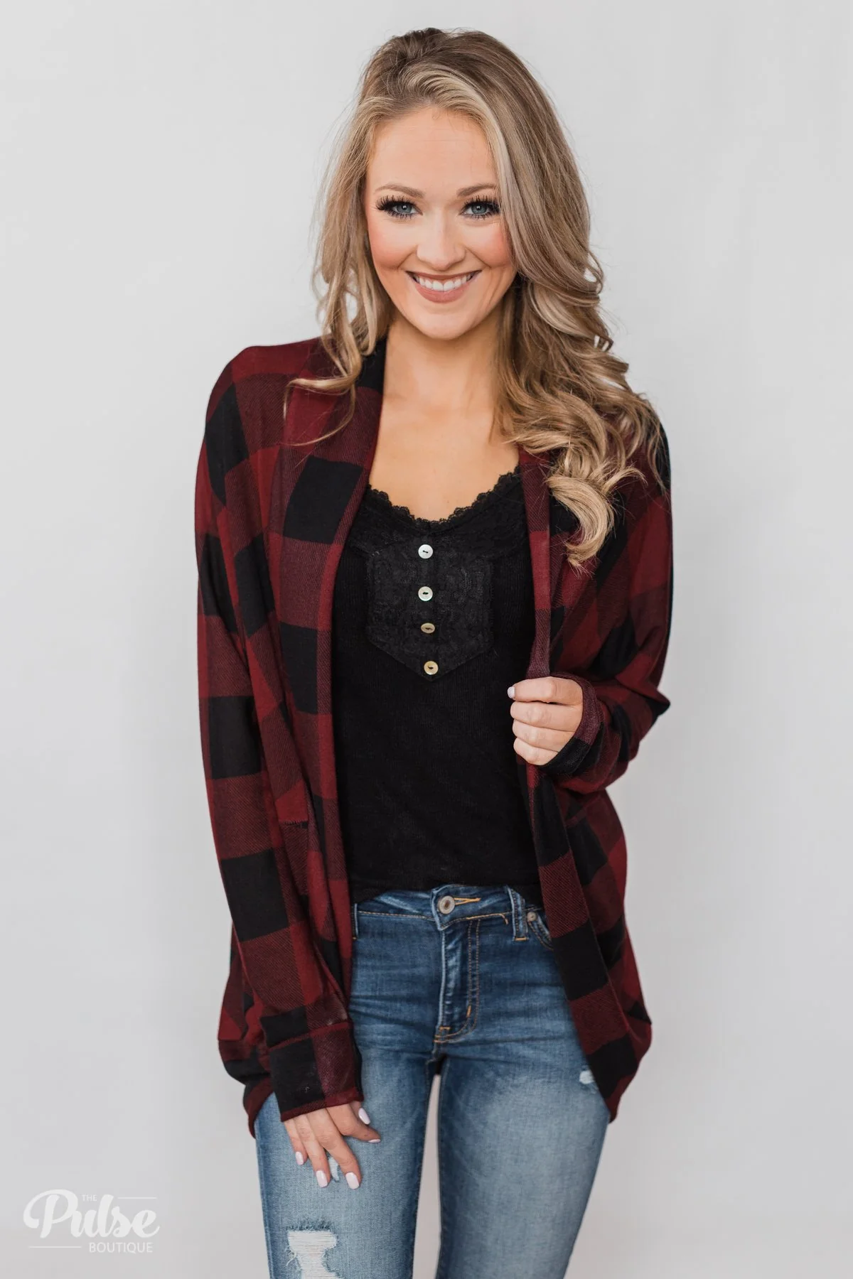 Buffalo Plaid Cardigan- Deep Red & Black - Image 8