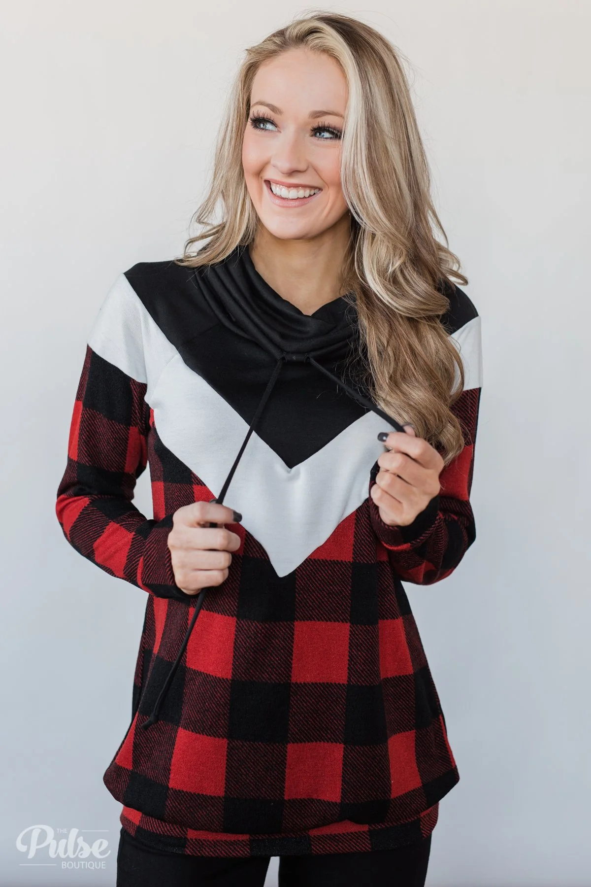 Buffalo Plaid Chevron Cowl Neck Top - Image 4