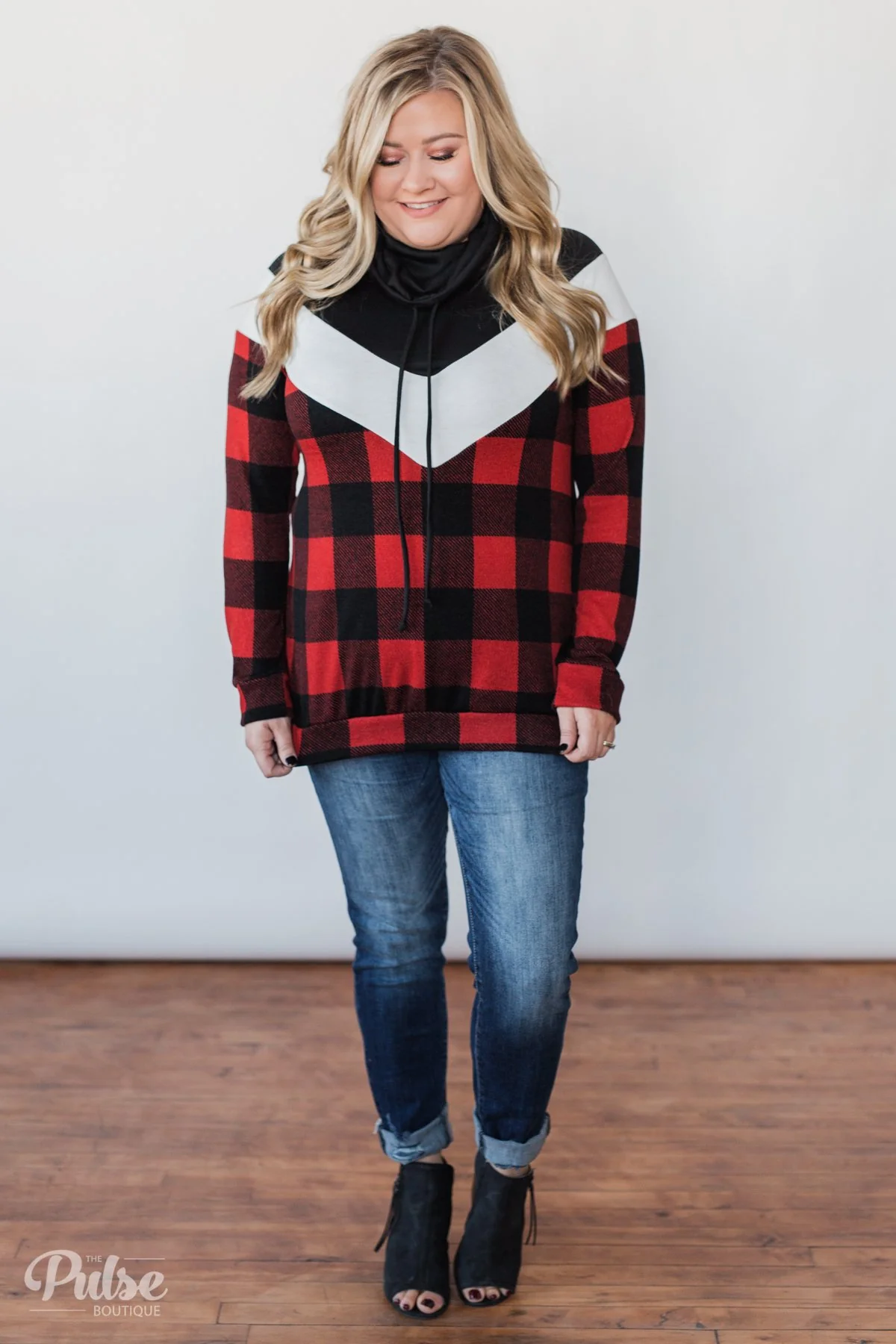 Buffalo Plaid Chevron Cowl Neck Top - Image 7