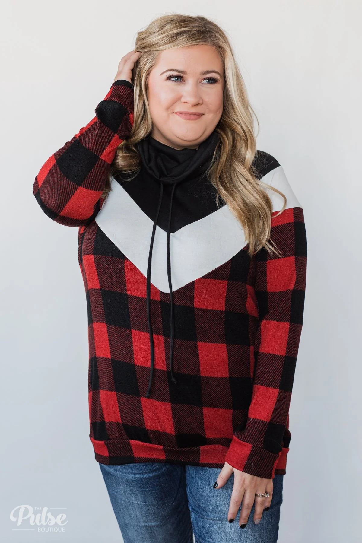Buffalo Plaid Chevron Cowl Neck Top - Image 9