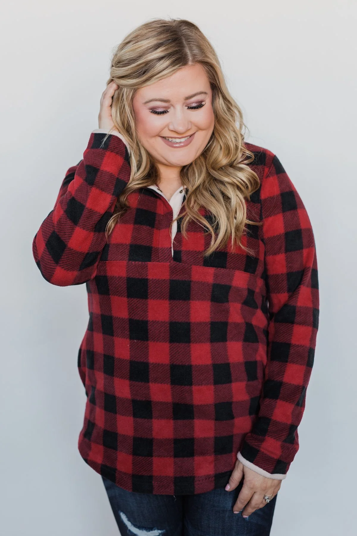 Buffalo Plaid Fleece Pullover- Red & Black - Image 2