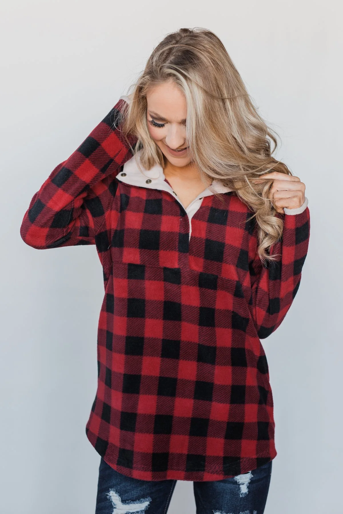 Buffalo Plaid Fleece Pullover- Red & Black - Image 8