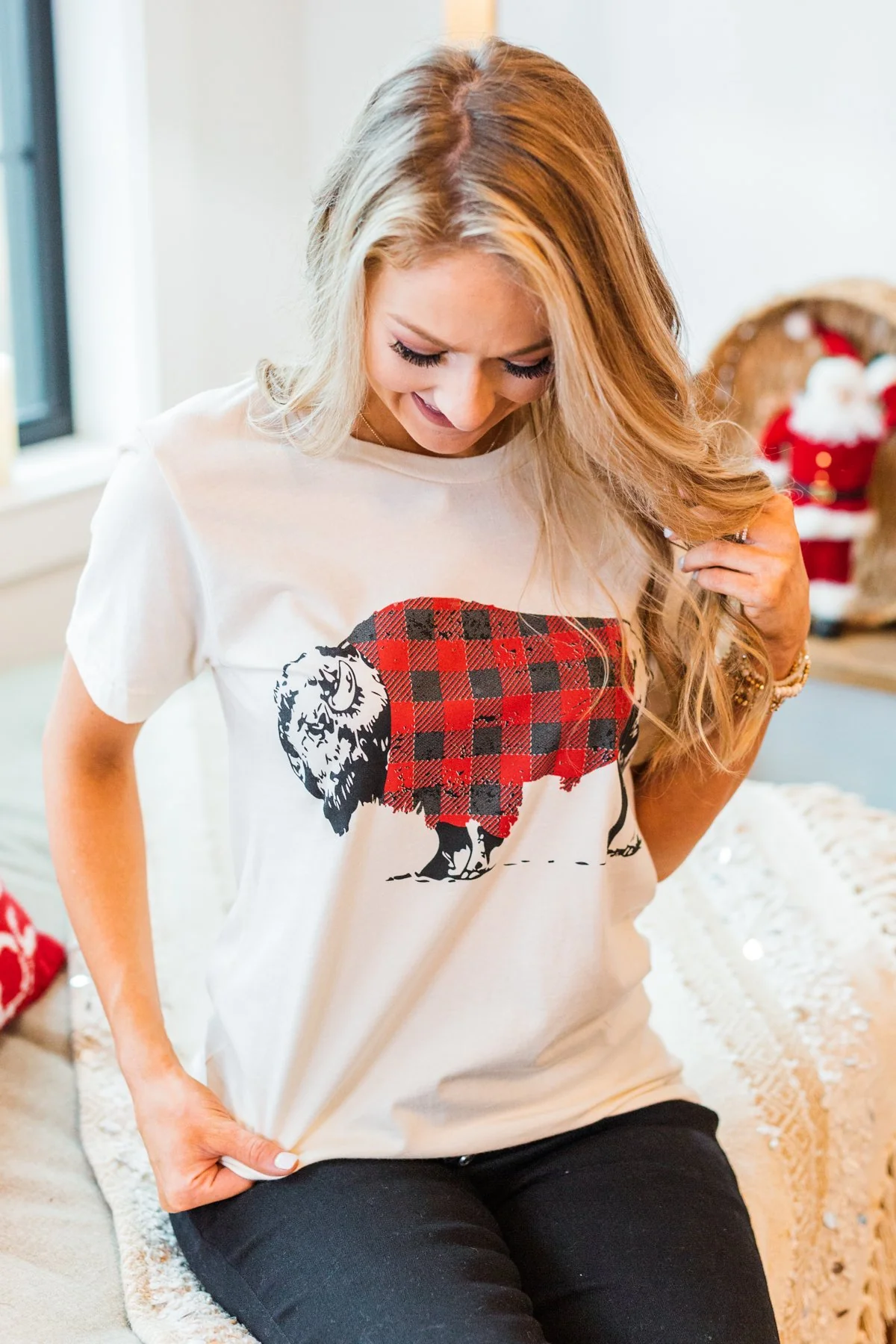 Buffalo Wearing Buffalo Plaid Graphic Tee- Cream - Image 2