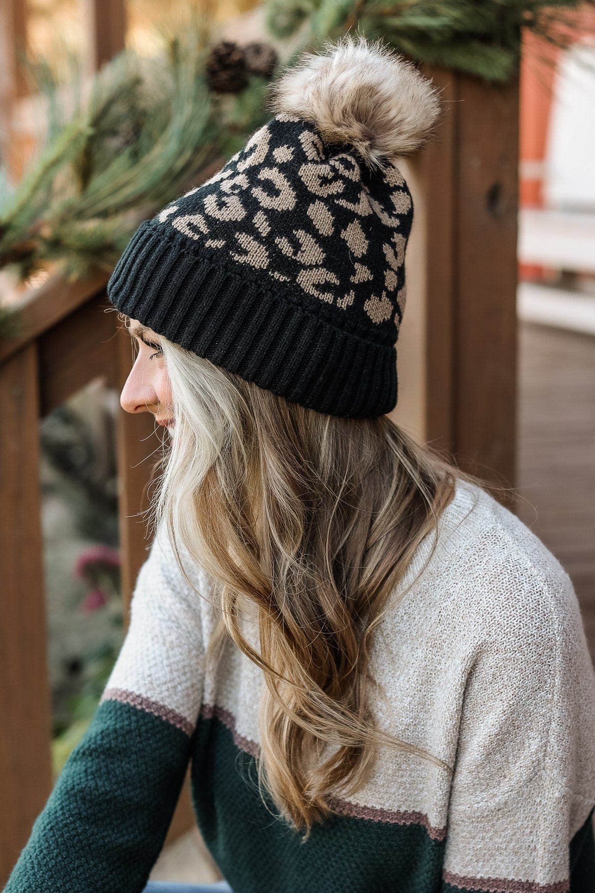 Bundle Up Knit Pom Beanie- Black Leopard - Image 5